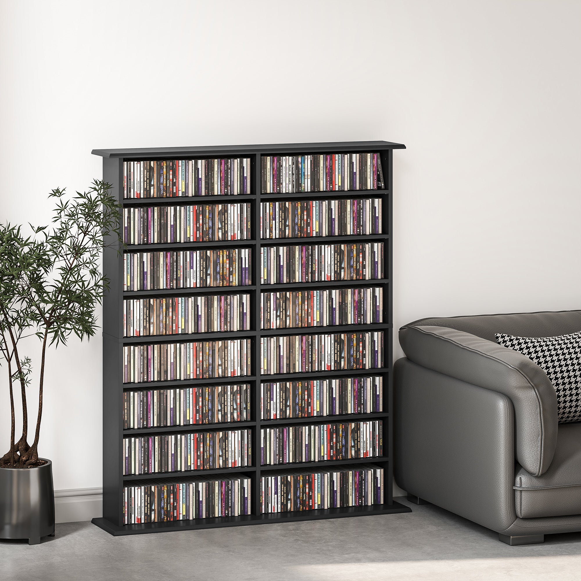 HOMCOM Double Media Storage Cabinet, 8-Tier DVD Shelf with 12 Adjustable Shelves, 16 Compartments, Holds 720 CDs, 396 DVDs or 396 Blu-rays, Black