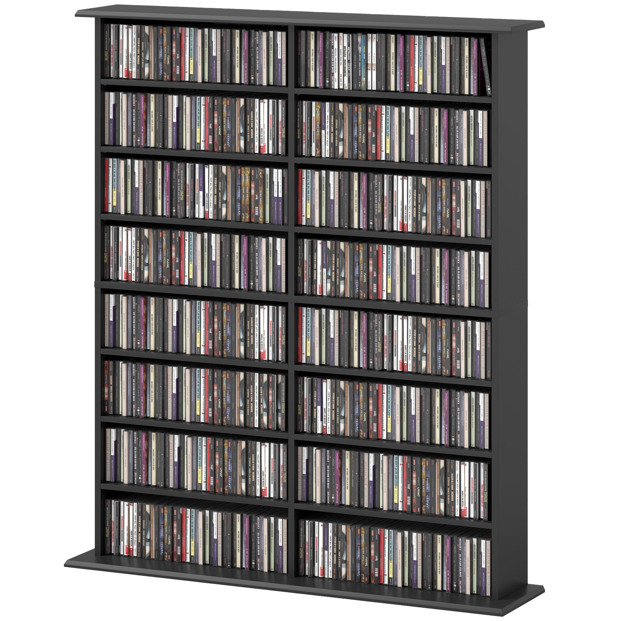HOMCOM Double Media Storage Cabinet, 8-Tier DVD Shelf with 12 Adjustable Shelves, 16 Compartments, Holds 720 CDs, 396 DVDs or 396 Blu-rays, Black