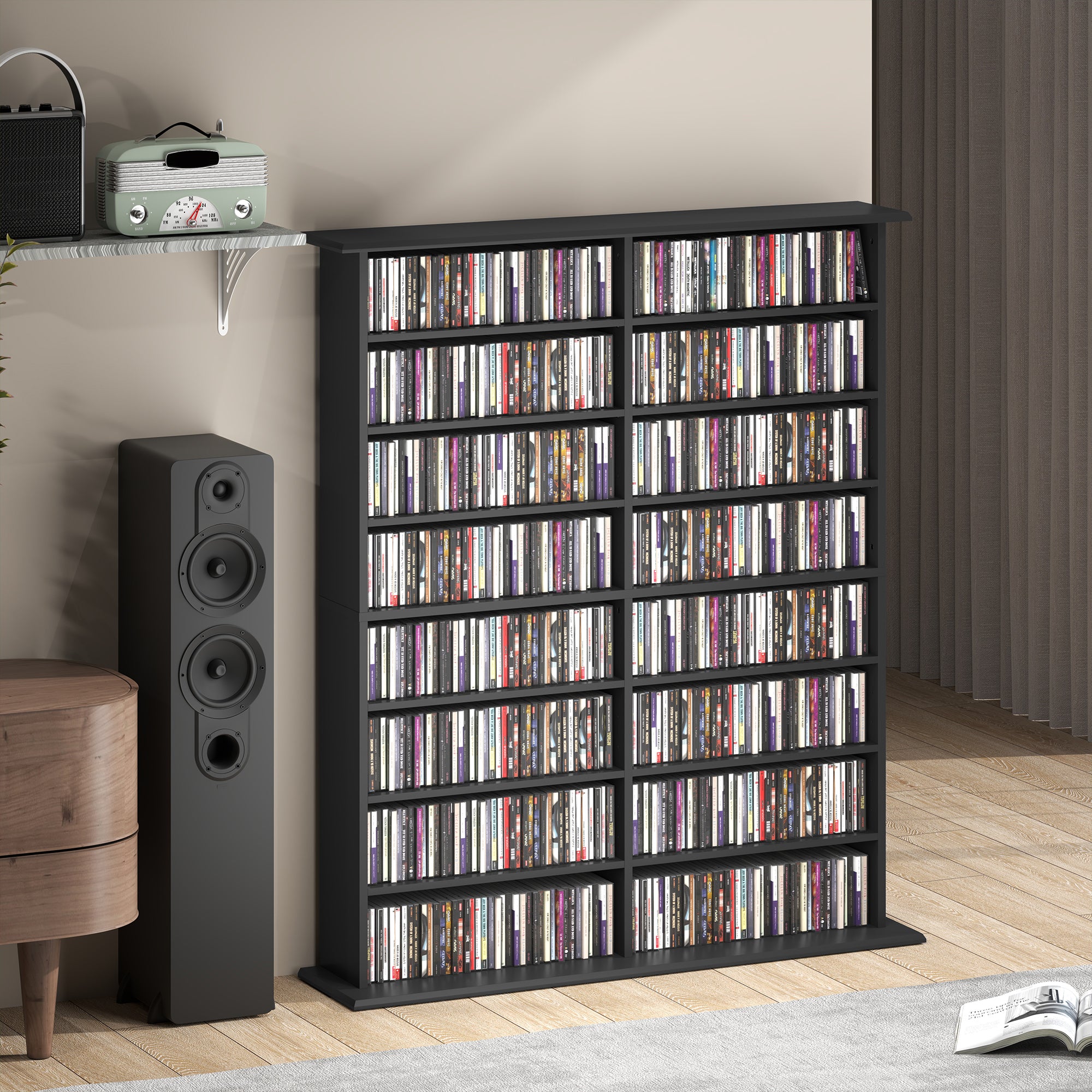 HOMCOM Double Media Storage Cabinet, 8-Tier DVD Shelf with 12 Adjustable Shelves, 16 Compartments, Holds 720 CDs, 396 DVDs or 396 Blu-rays, Black
