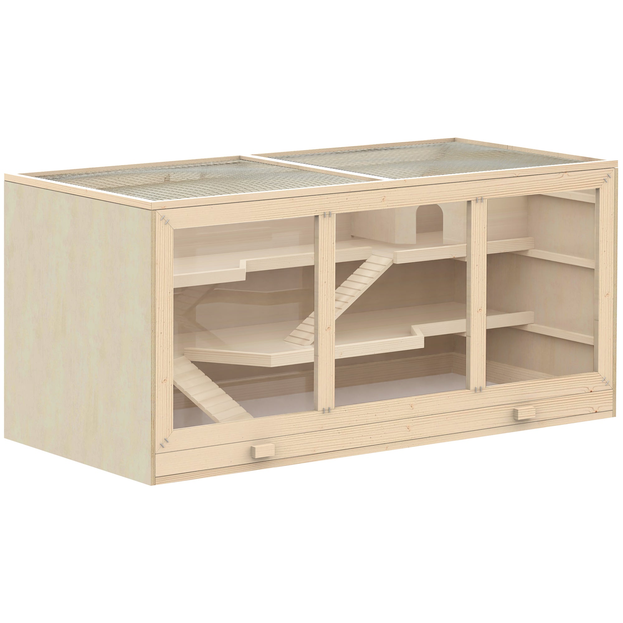 PawHut Wooden Hamster Cage, Mouse Mice Rat Cage Small Animal Cage, 3 Tier Exercise Play House with Slide, Tray, Natural Wood