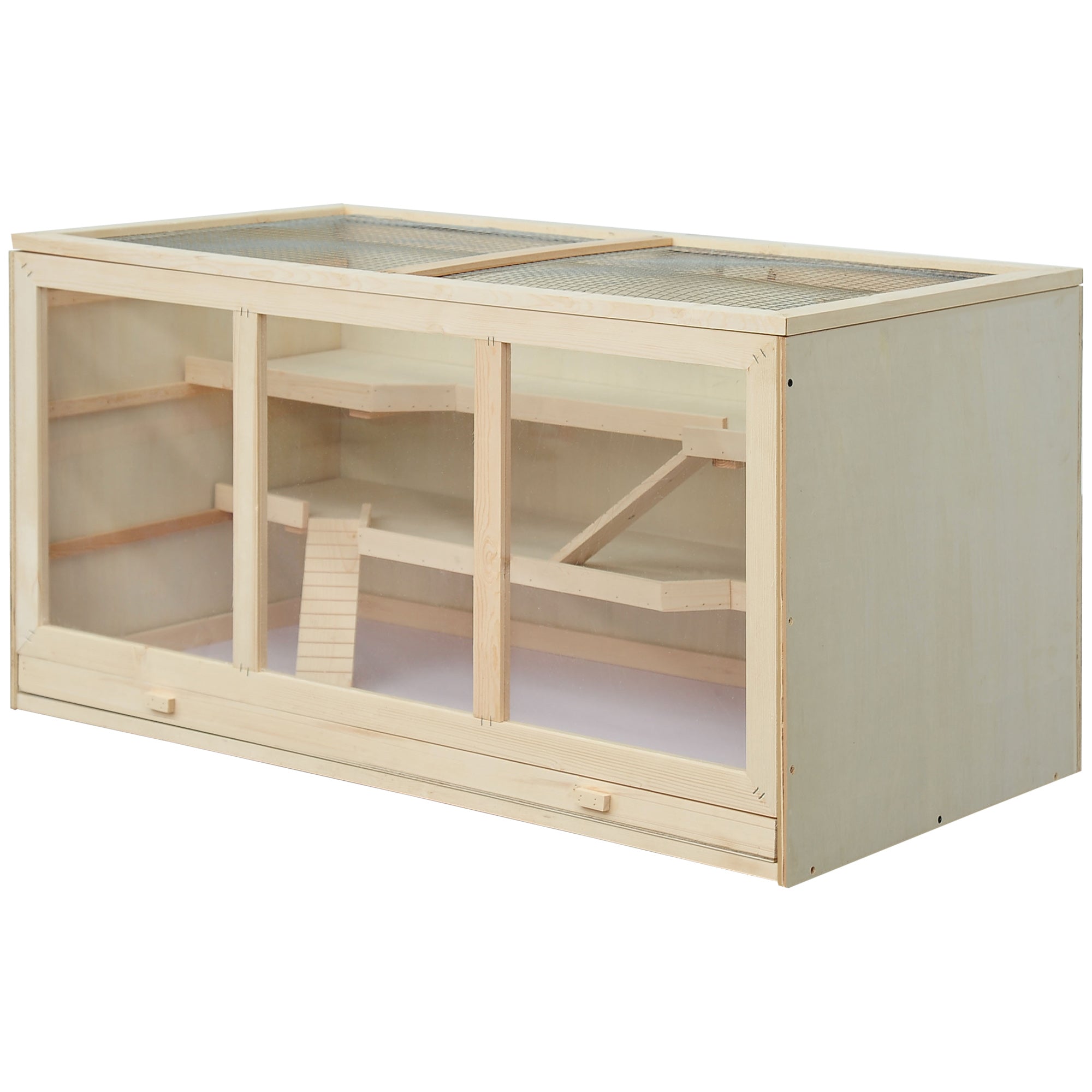 PawHut Wooden Hamster Cage, Mouse Mice Rat Cage Small Animal Cage, 3 Tier Exercise Play House with Slide, Tray, Natural Wood