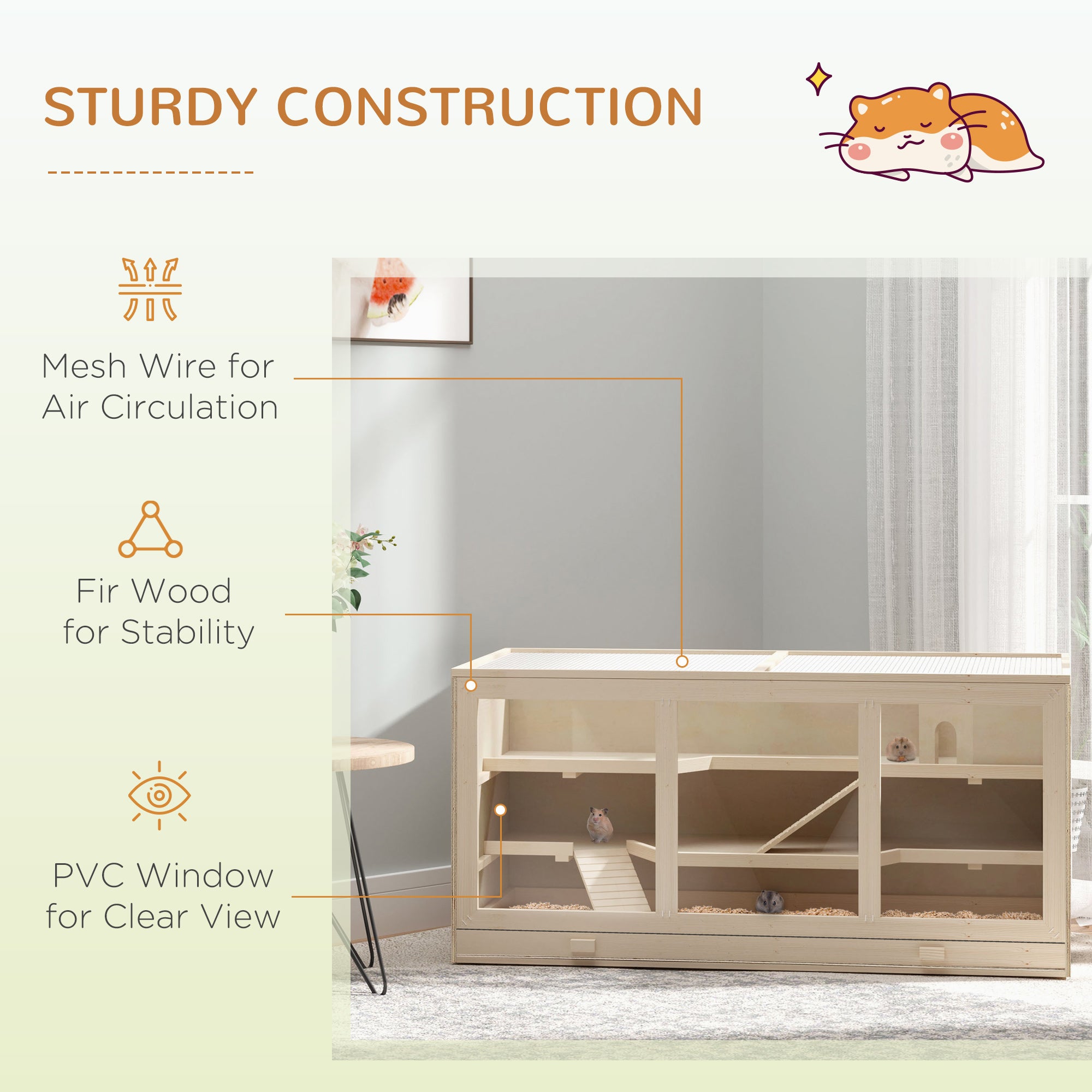 PawHut Wooden Hamster Cage, Small Animals Hutch with Tray, Openable Top, Exercise Run, Natural