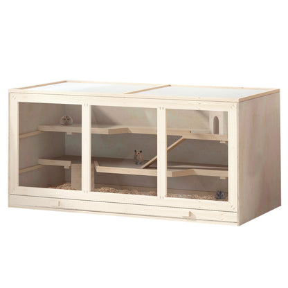 PawHut Wooden Hamster Cage, Small Animals Hutch with Tray, Openable Top, Exercise Run, Natural