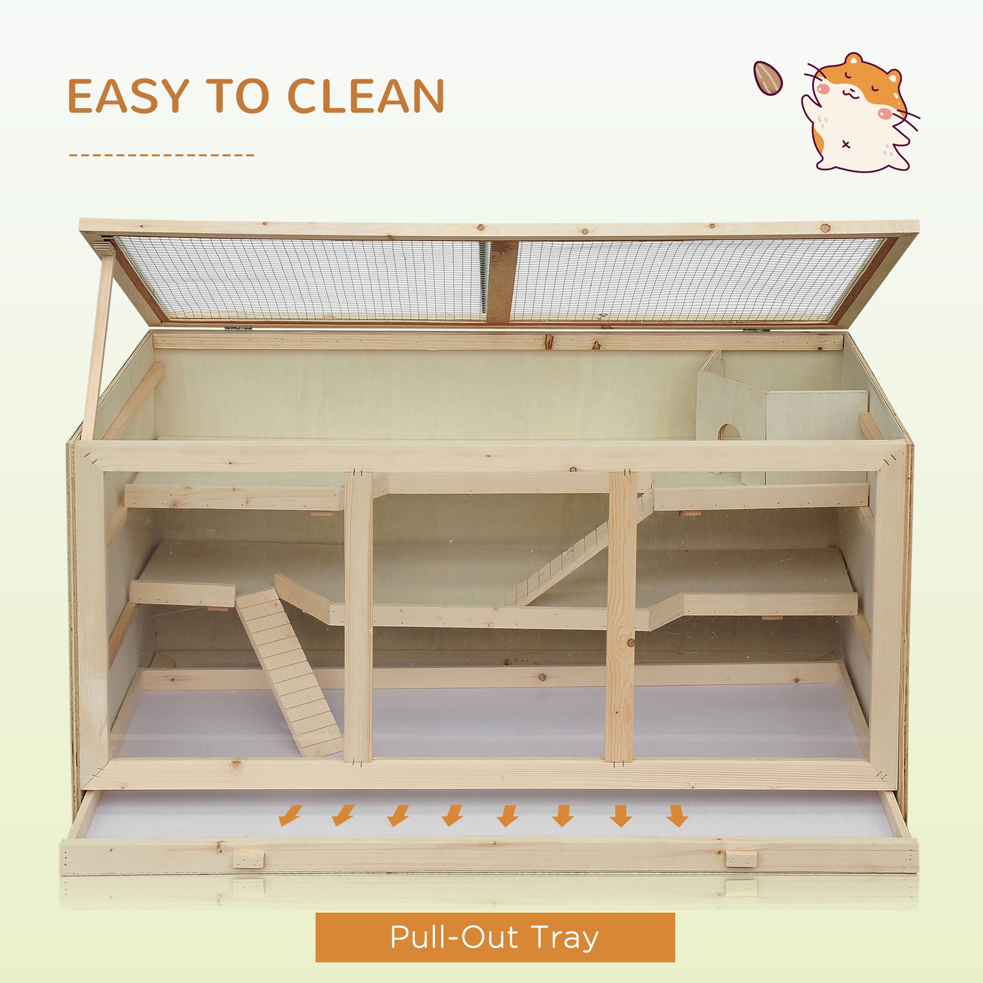 PawHut Wooden Hamster Cage, Small Animals Hutch with Tray, Openable Top, Exercise Run, Natural