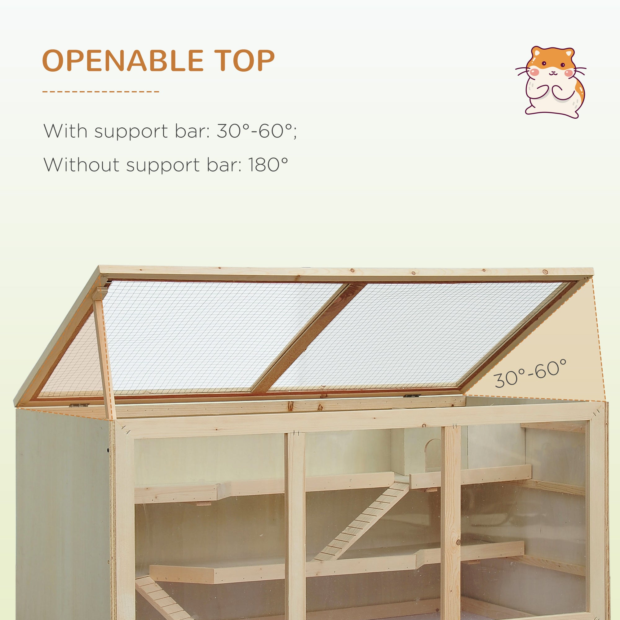 PawHut Wooden Hamster Cage, Small Animals Hutch with Tray, Openable Top, Exercise Run, Natural