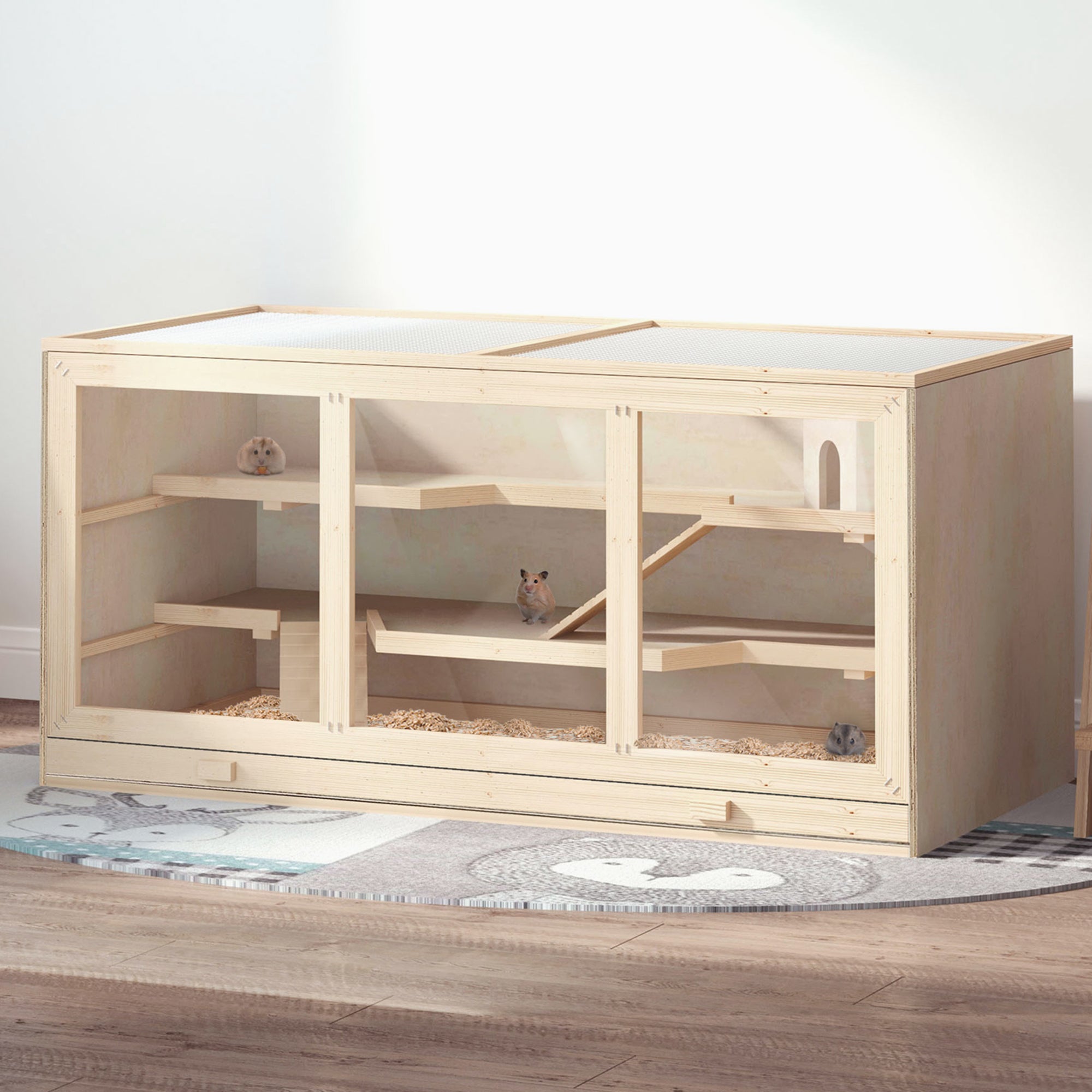 PawHut Wooden Hamster Cage, Mouse Mice Rat Cage Small Animal Cage, 3 Tier Exercise Play House with Slide, Tray, Natural Wood