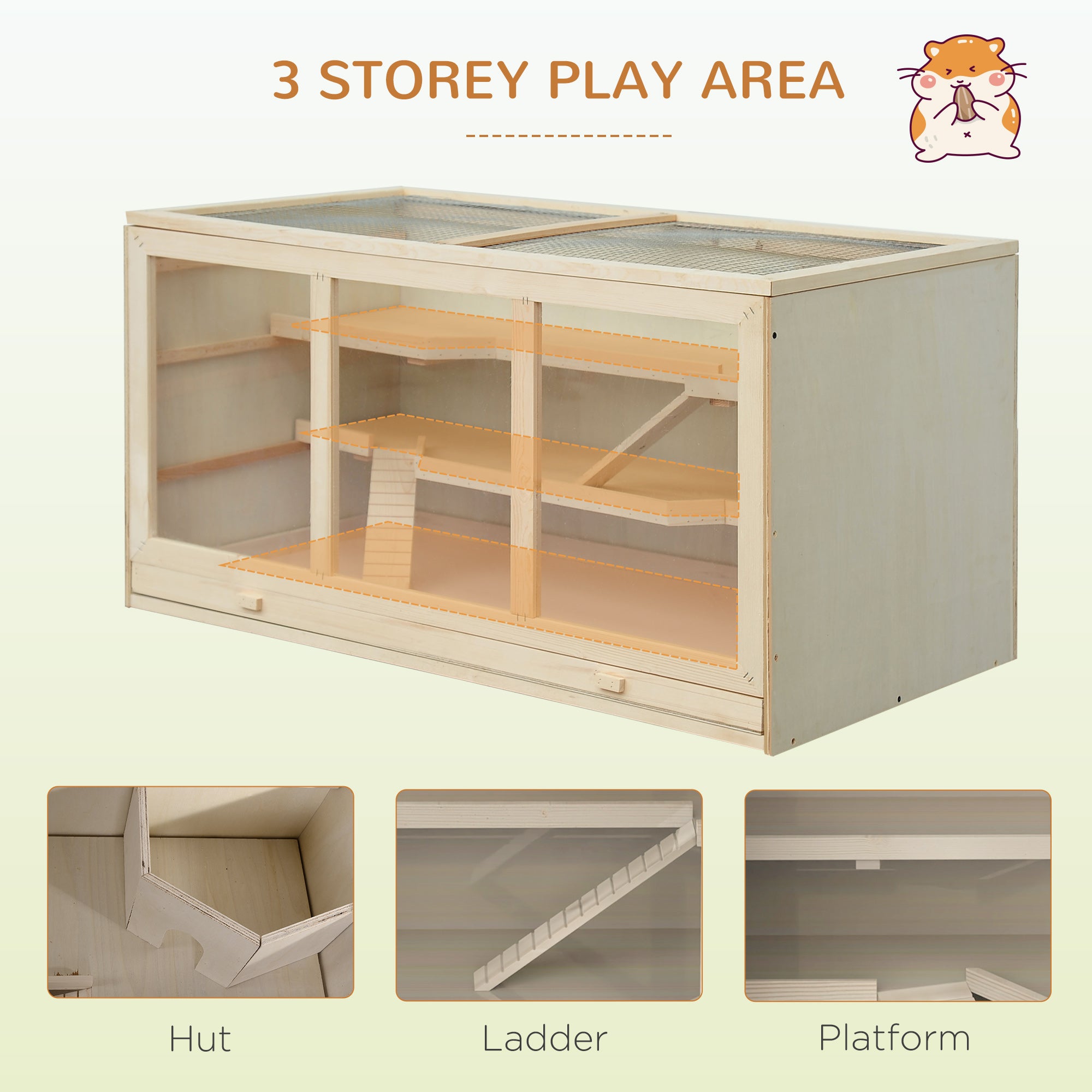 PawHut Wooden Hamster Cage, Mouse Mice Rat Cage Small Animal Cage, 3 Tier Exercise Play House with Slide, Tray, Natural Wood