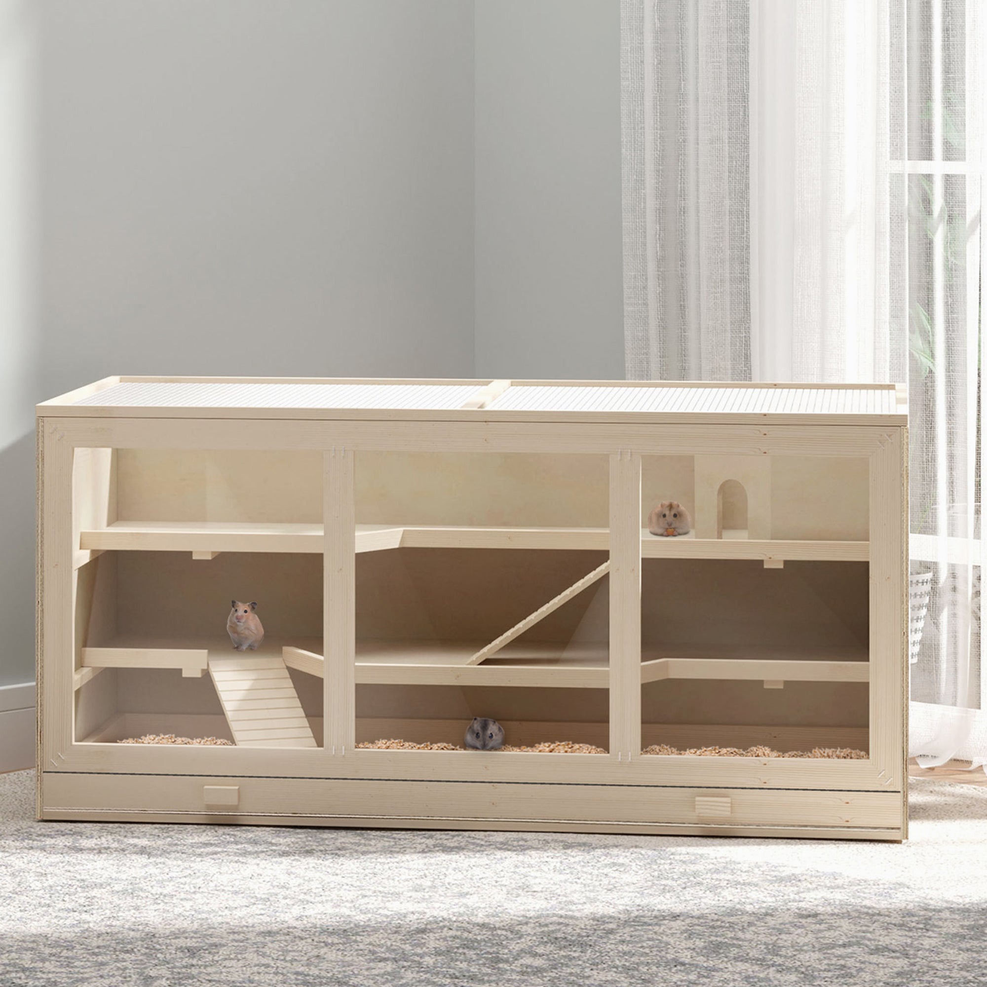 PawHut Wooden Hamster Cage, Small Animals Hutch with Tray, Openable Top, Exercise Run, Natural