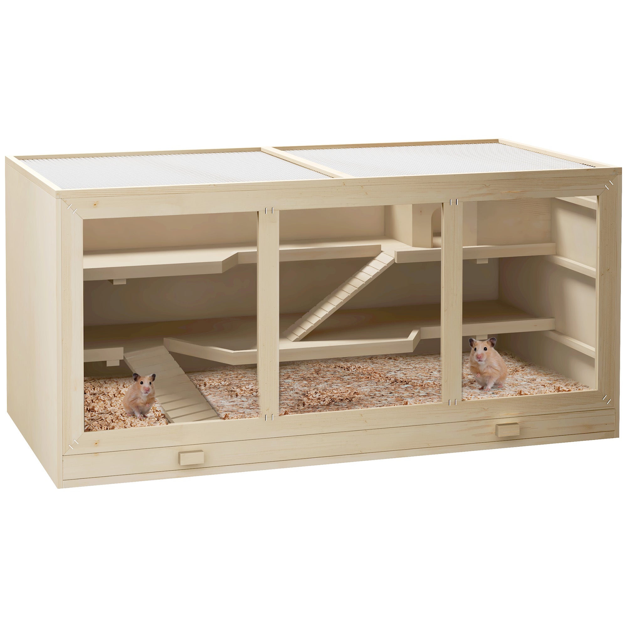 PawHut Wooden Hamster Cage, Mouse Mice Rat Cage Small Animal Cage, 3 Tier Exercise Play House with Slide, Tray, Natural Wood