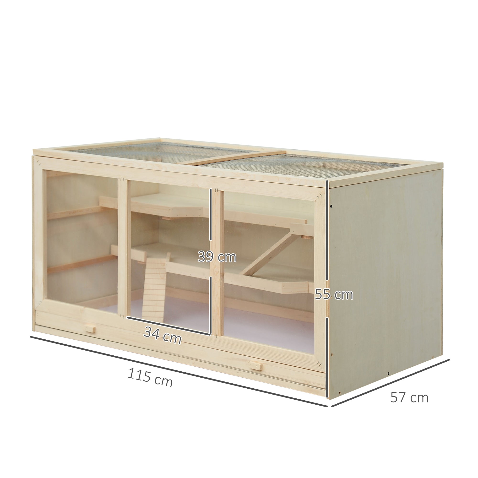 PawHut Wooden Hamster Cage, Small Animals Hutch with Tray, Openable Top, Exercise Run, Natural
