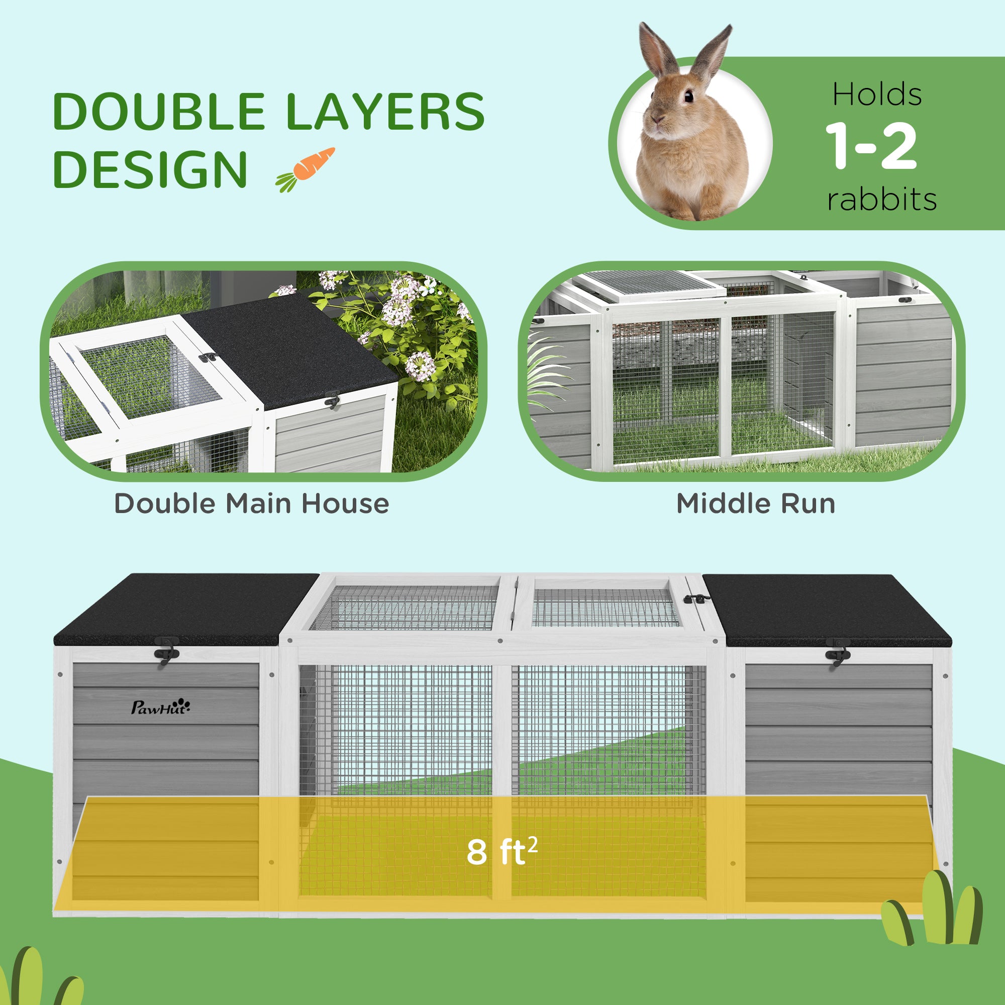 PawHut 55" Rabbit Hutch, Outdoor Rabbit Cage Guinea Pig Cage with Dual Main Living House, Run Cage, Openable Asphalt Roofs for 1-2 Rabbits, Gray