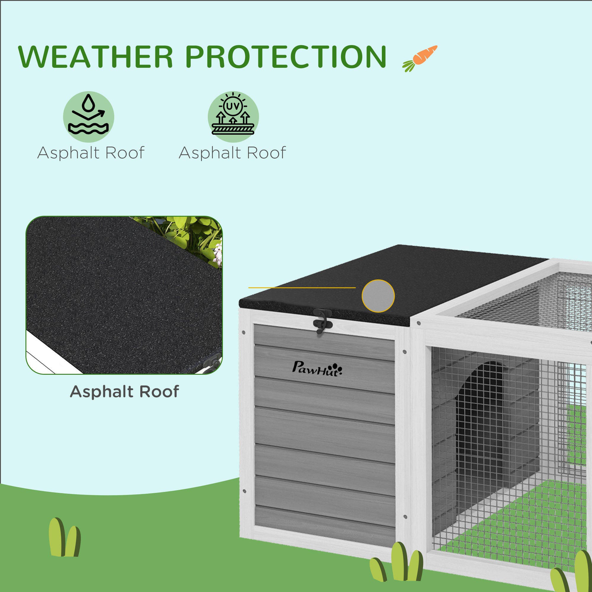 PawHut 55" Rabbit Hutch, Outdoor Rabbit Cage Guinea Pig Cage with Dual Main Living House, Run Cage, Openable Asphalt Roofs for 1-2 Rabbits, Gray