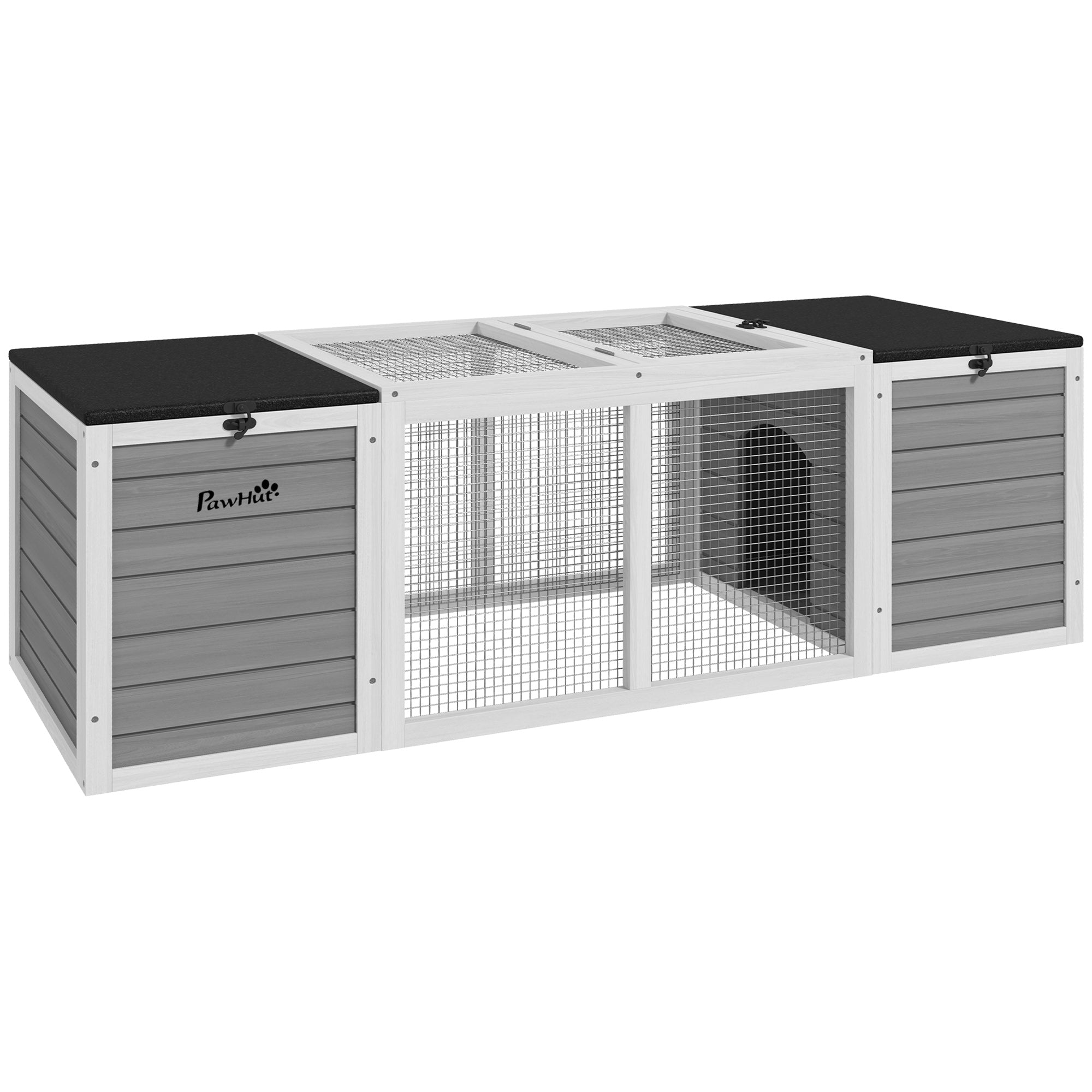 PawHut 55" Rabbit Hutch, Outdoor Rabbit Cage Guinea Pig Cage with Dual Main Living House, Run Cage, Openable Asphalt Roofs for 1-2 Rabbits, Gray