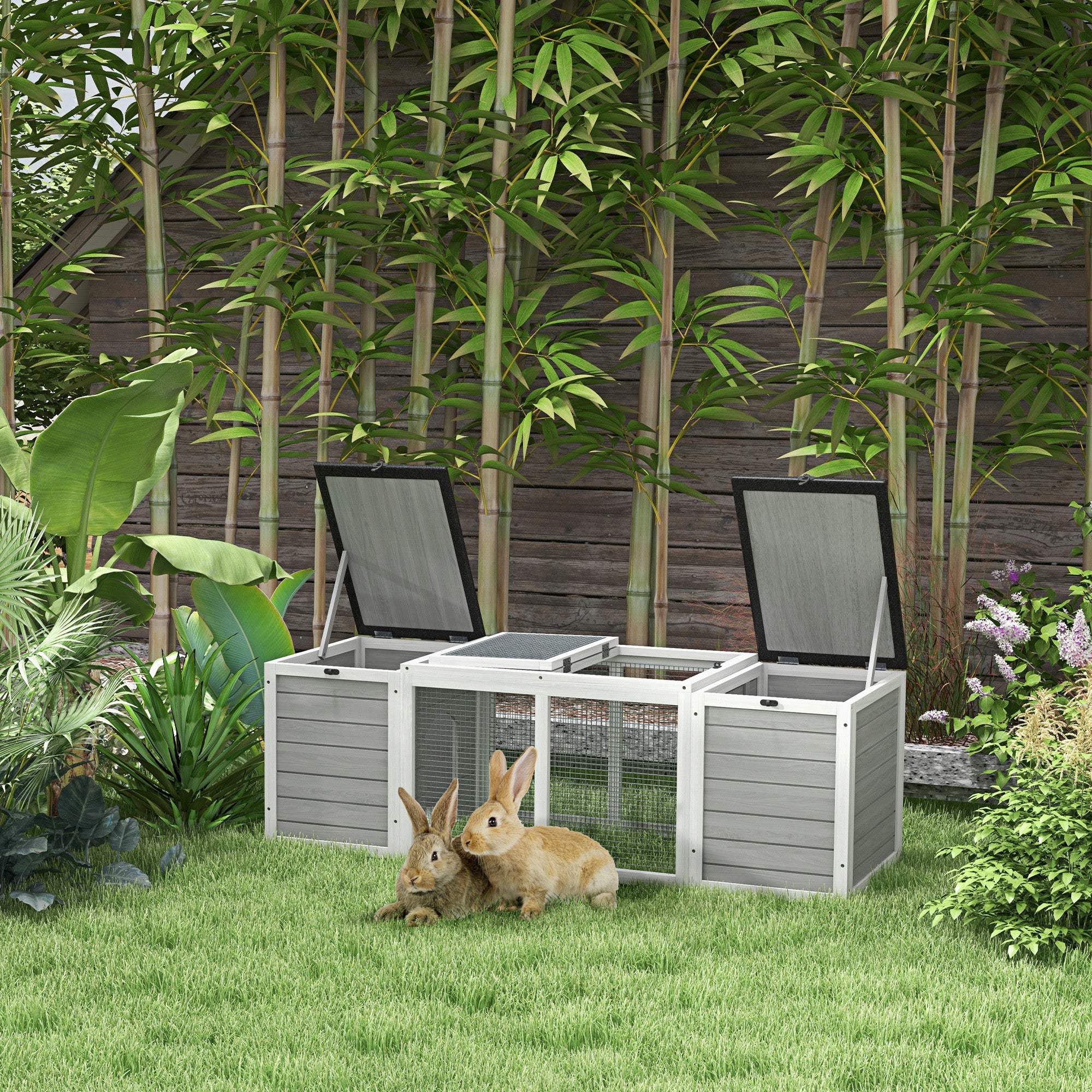 PawHut 55" Rabbit Hutch, Outdoor Rabbit Cage Guinea Pig Cage with Dual Main Living House, Run Cage, Openable Asphalt Roofs for 1-2 Rabbits, Gray