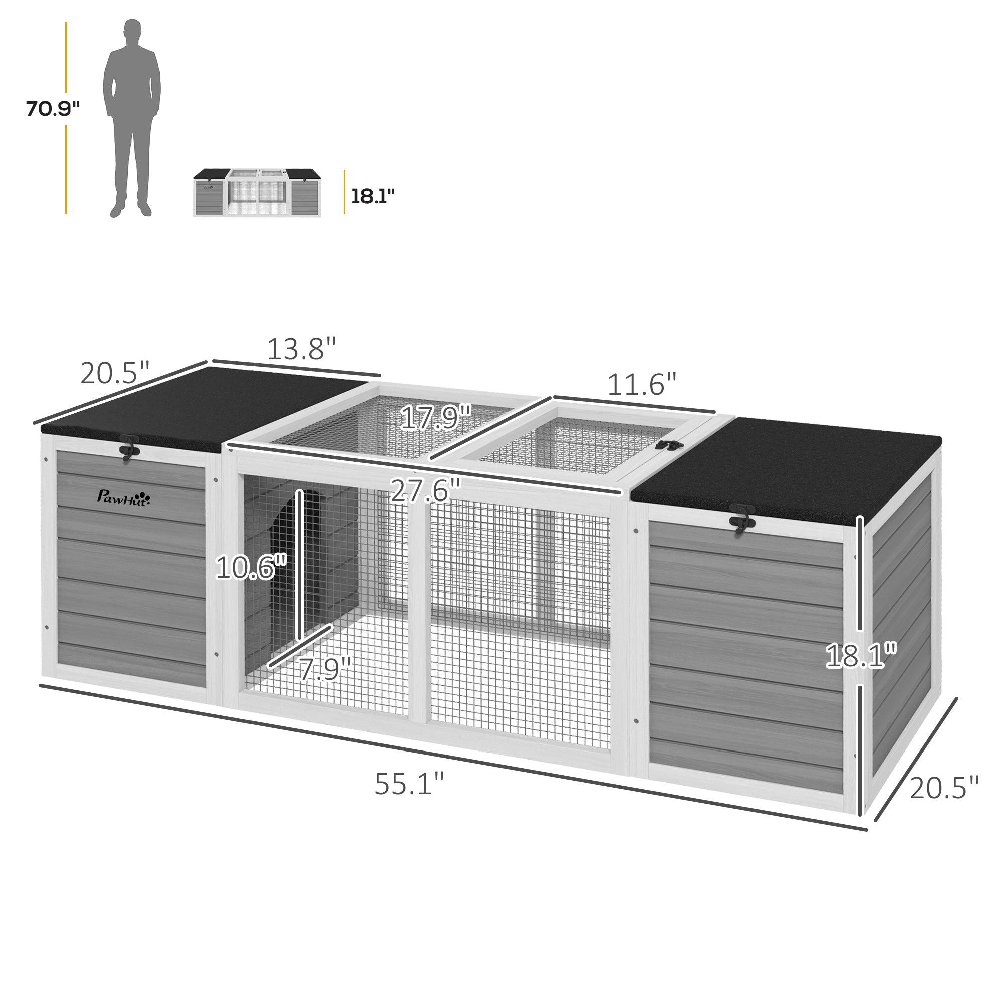 PawHut 55" Rabbit Hutch, Outdoor Rabbit Cage Guinea Pig Cage with Dual Main Living House, Run Cage, Openable Asphalt Roofs for 1-2 Rabbits, Gray
