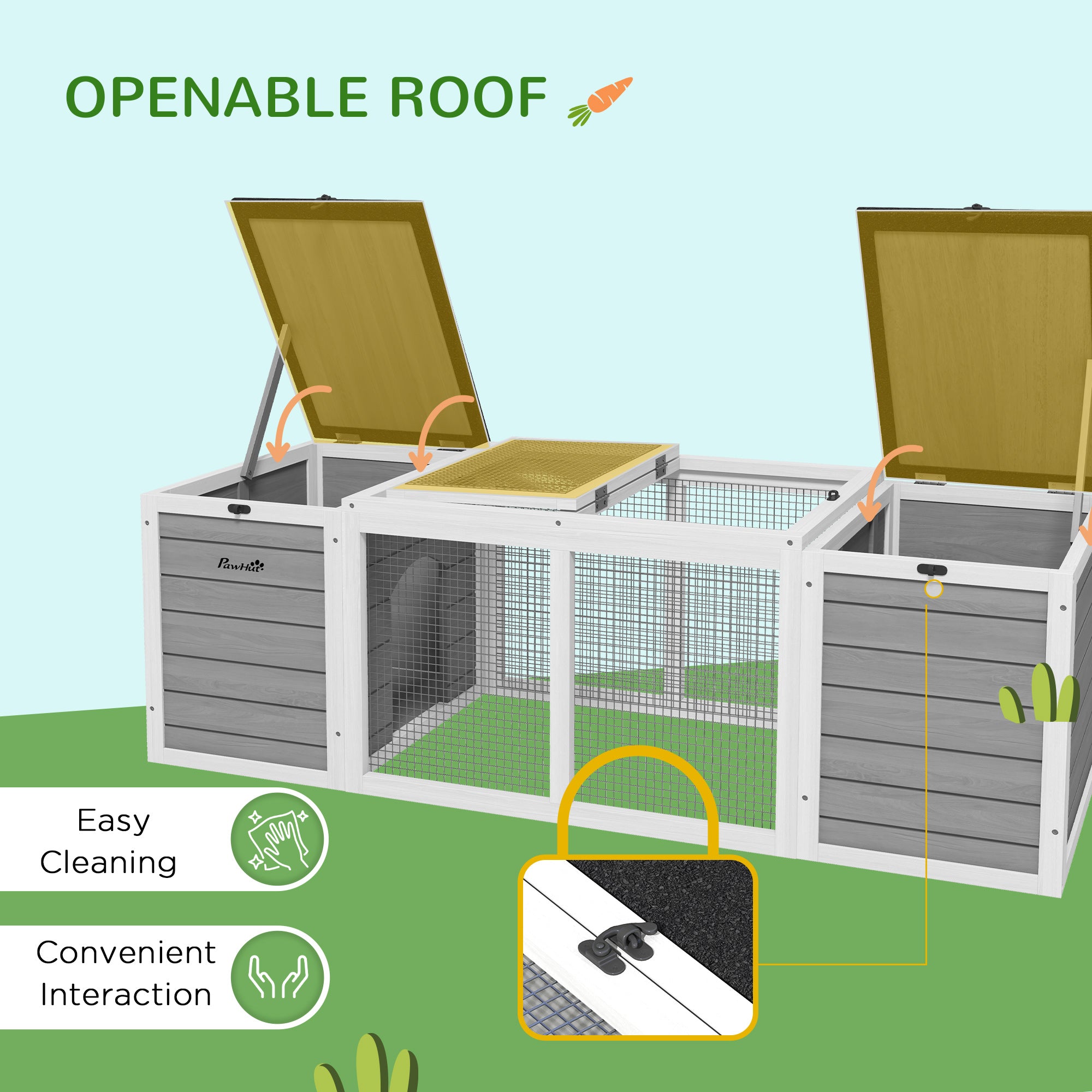PawHut 55" Rabbit Hutch, Outdoor Rabbit Cage Guinea Pig Cage with Dual Main Living House, Run Cage, Openable Asphalt Roofs for 1-2 Rabbits, Gray