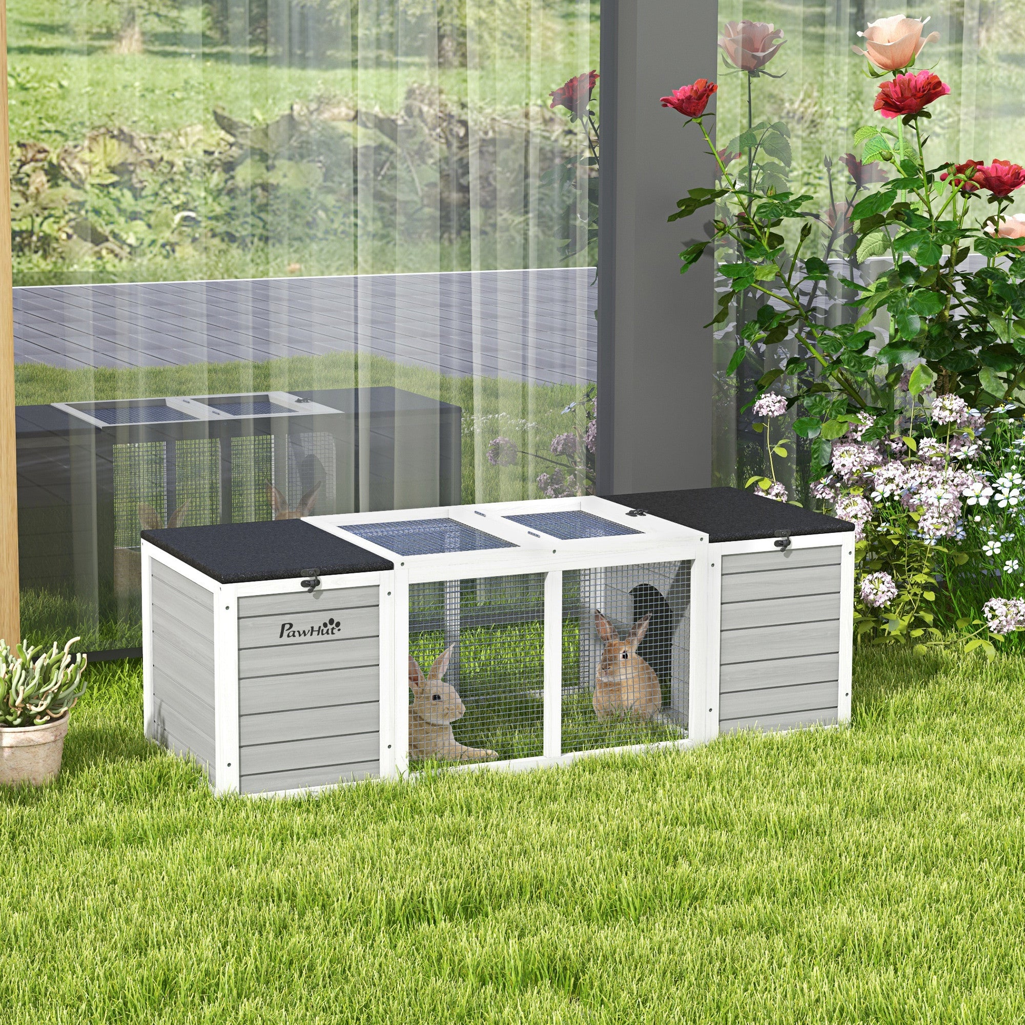 PawHut 55" Rabbit Hutch, Outdoor Rabbit Cage Guinea Pig Cage with Dual Main Living House, Run Cage, Openable Asphalt Roofs for 1-2 Rabbits, Gray