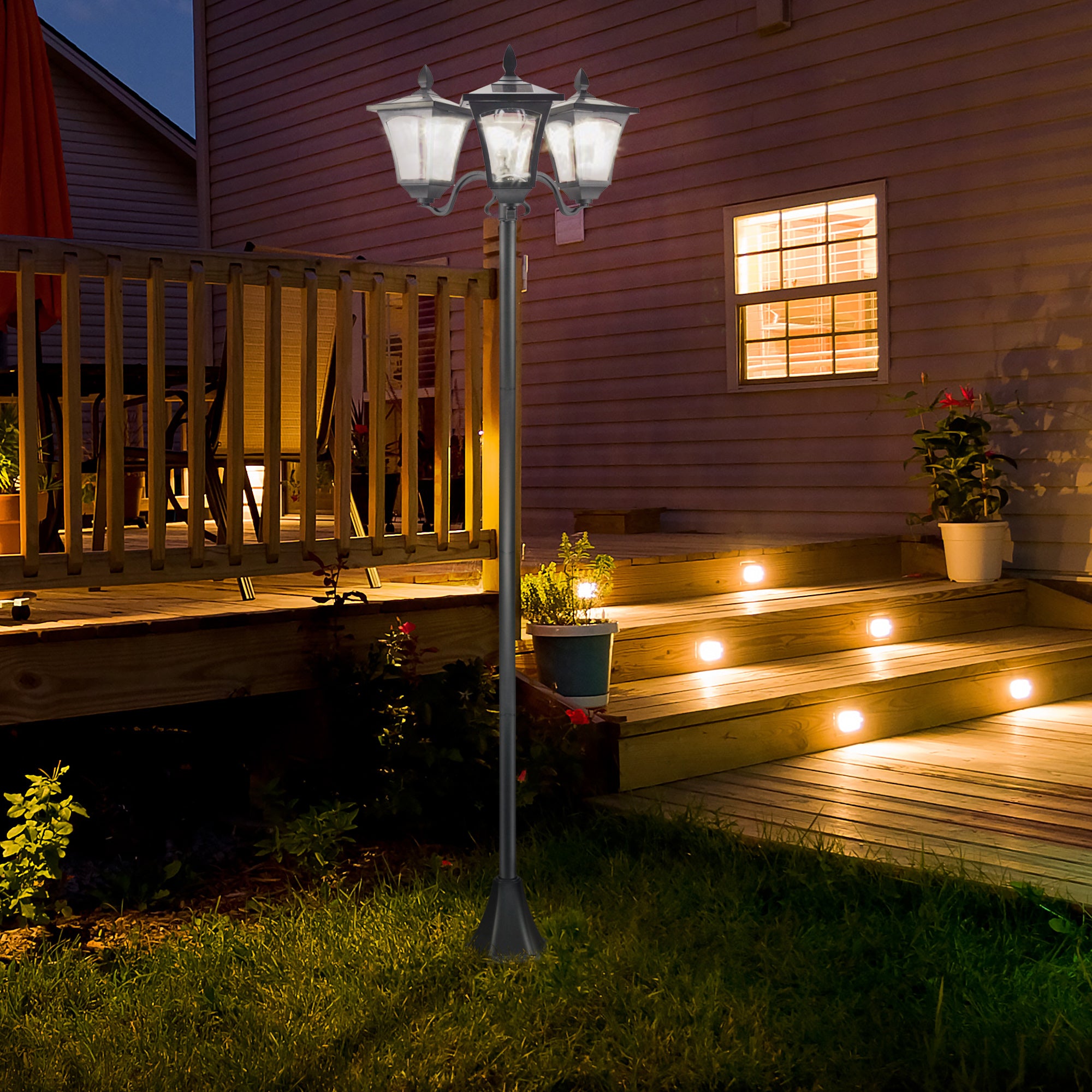 Outsunny Triple Solar Lamp Post Garden Solar-Powered LED Street Vintage Light Style Outdoor Light Waterproof with Base for Lawn Pathway Walkway 72"H