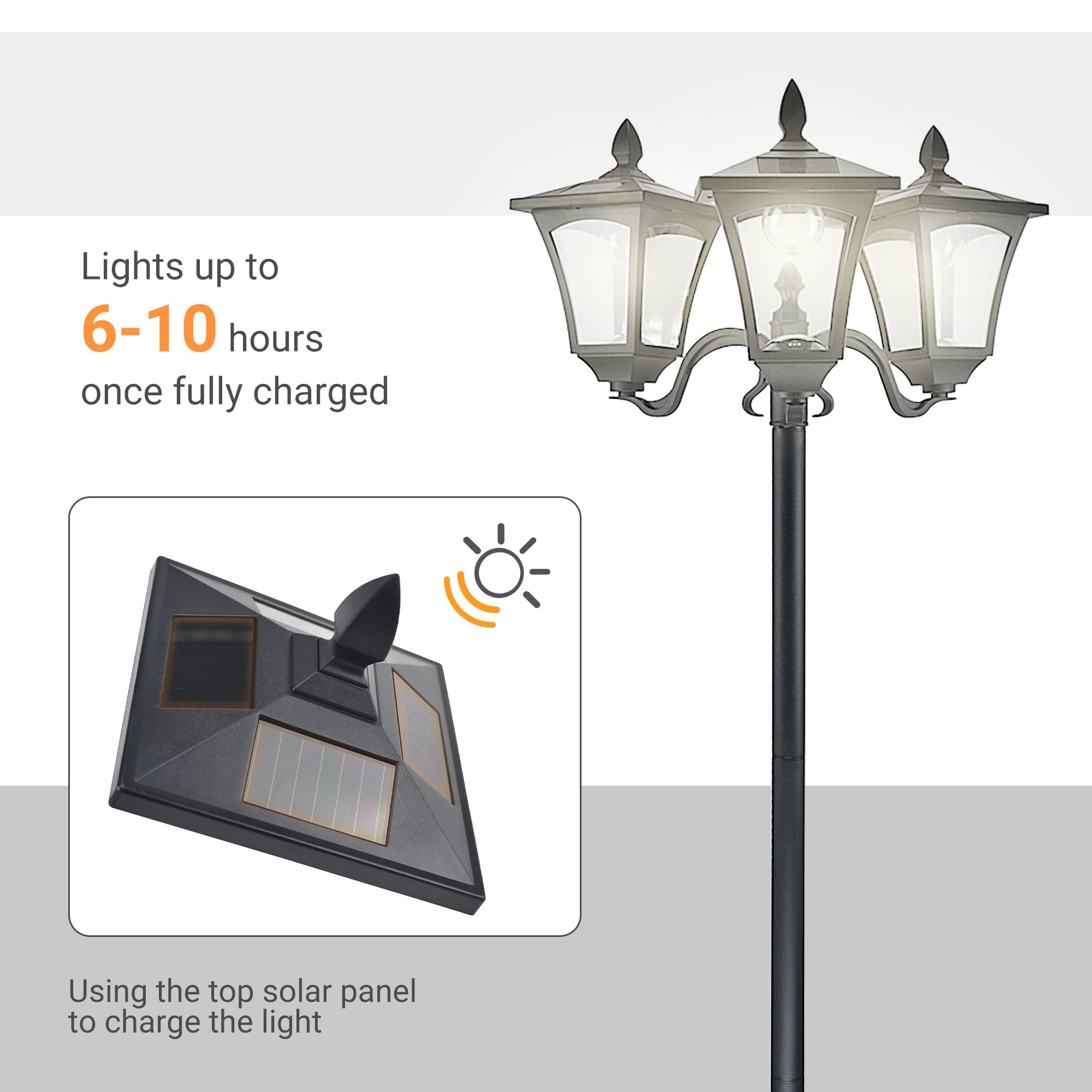 Outsunny Triple Solar Lamp Post Garden Solar-Powered LED Street Vintage Light Style Outdoor Light Waterproof with Base for Lawn Pathway Walkway 72"H