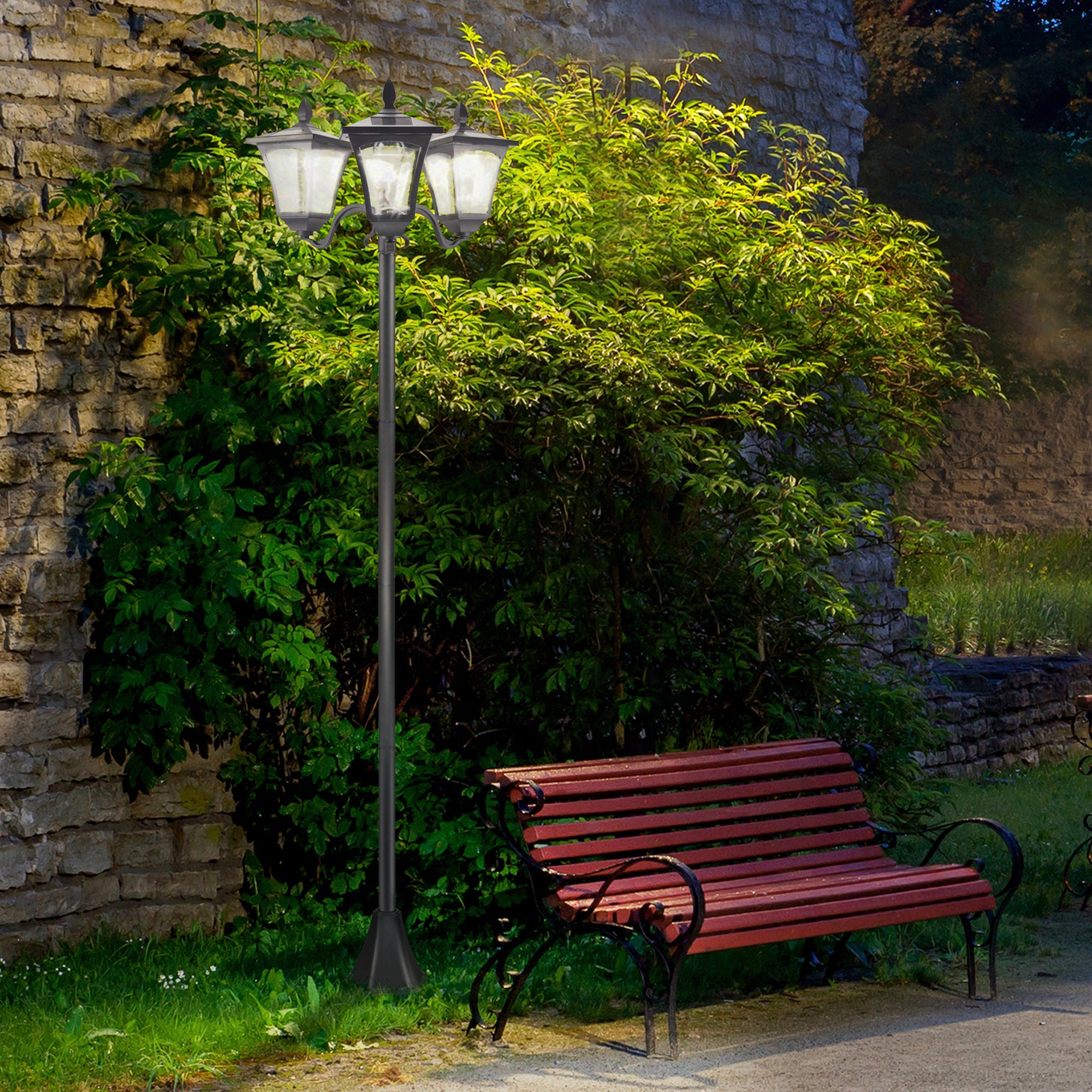 Outsunny Triple Solar Lamp Post Garden Solar-Powered LED Street Vintage Light Style Outdoor Light Waterproof with Base for Lawn Pathway Walkway 72"H