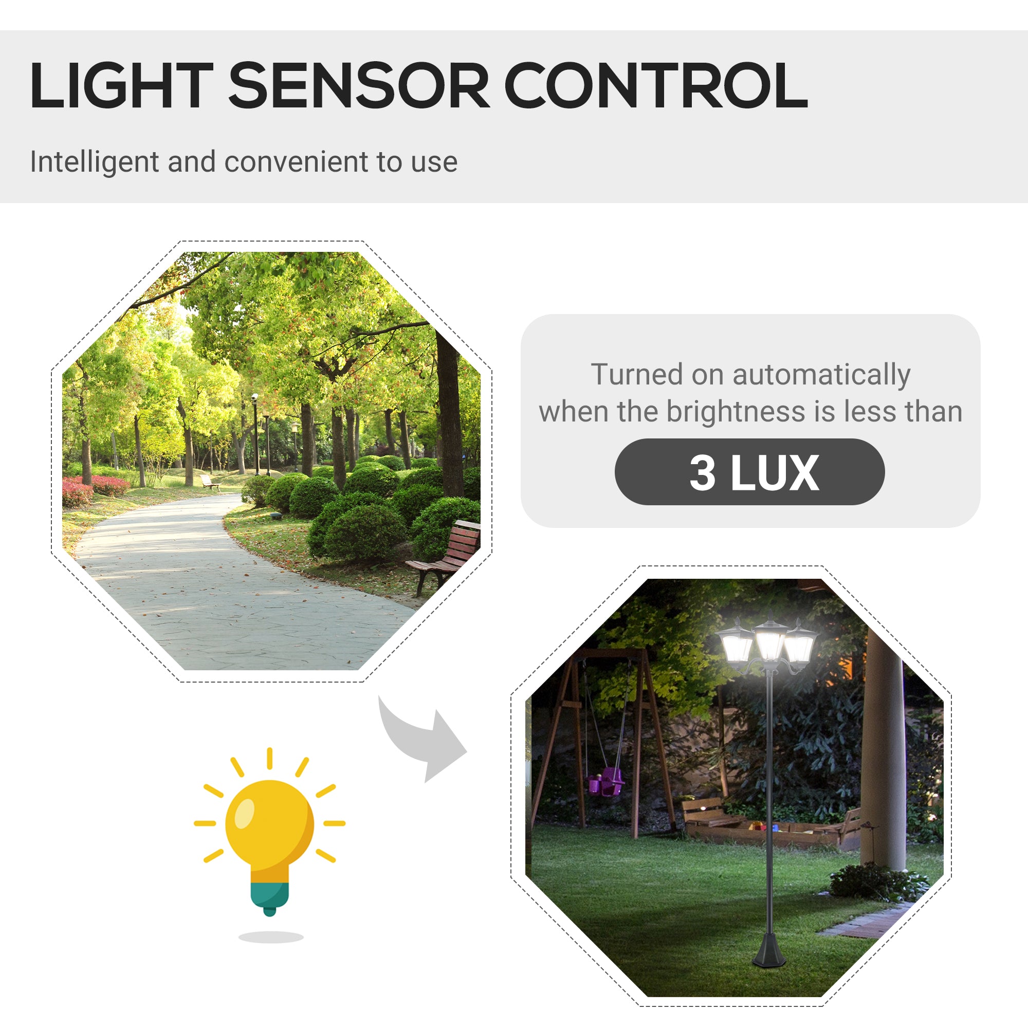 Outsunny Triple Solar Lamp Post Garden Solar-Powered LED Street Vintage Light Style Outdoor Light Waterproof with Base for Lawn Pathway Walkway 72"H
