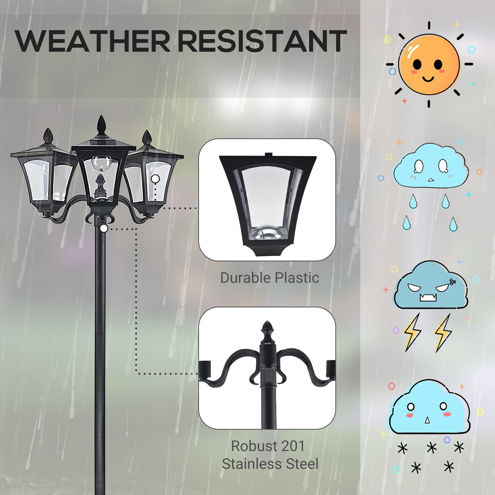 Outsunny Triple Solar Lamp Post Garden Solar-Powered LED Street Vintage Light Style Outdoor Light Waterproof with Base for Lawn Pathway Walkway 72"H