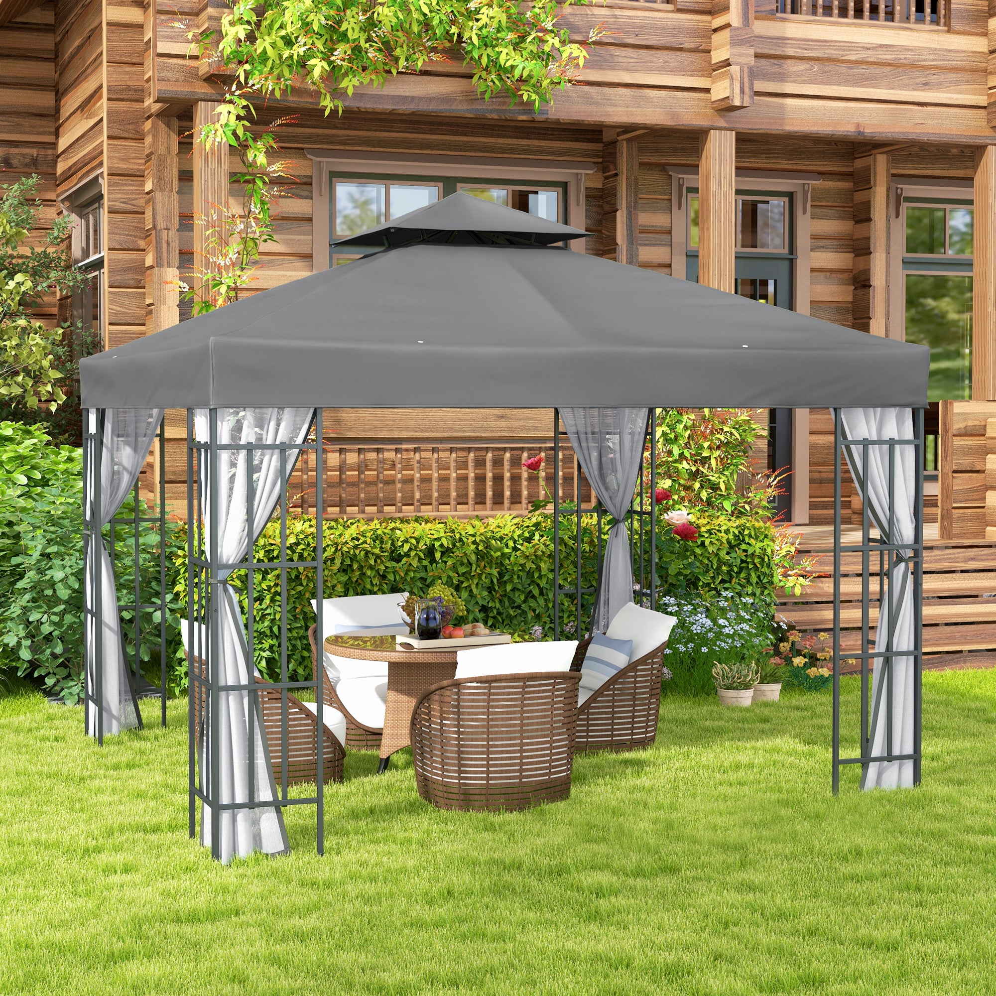 Outsunny 10'x10' Garden Gazebo Patio Canopy Portable Party Event Backyard w/ Mosquito Netting Grey