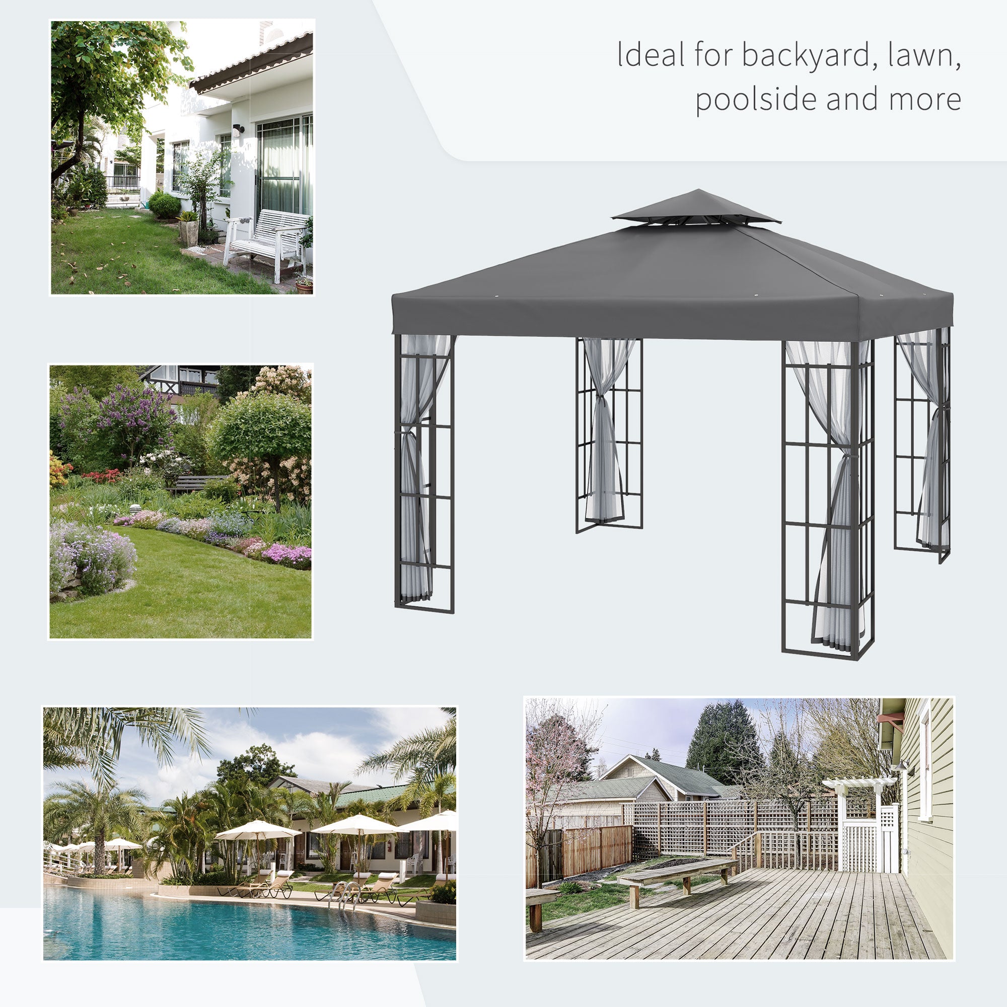 Outsunny 10'x10' Garden Gazebo Patio Canopy Portable Party Event Backyard w/ Mosquito Netting Grey