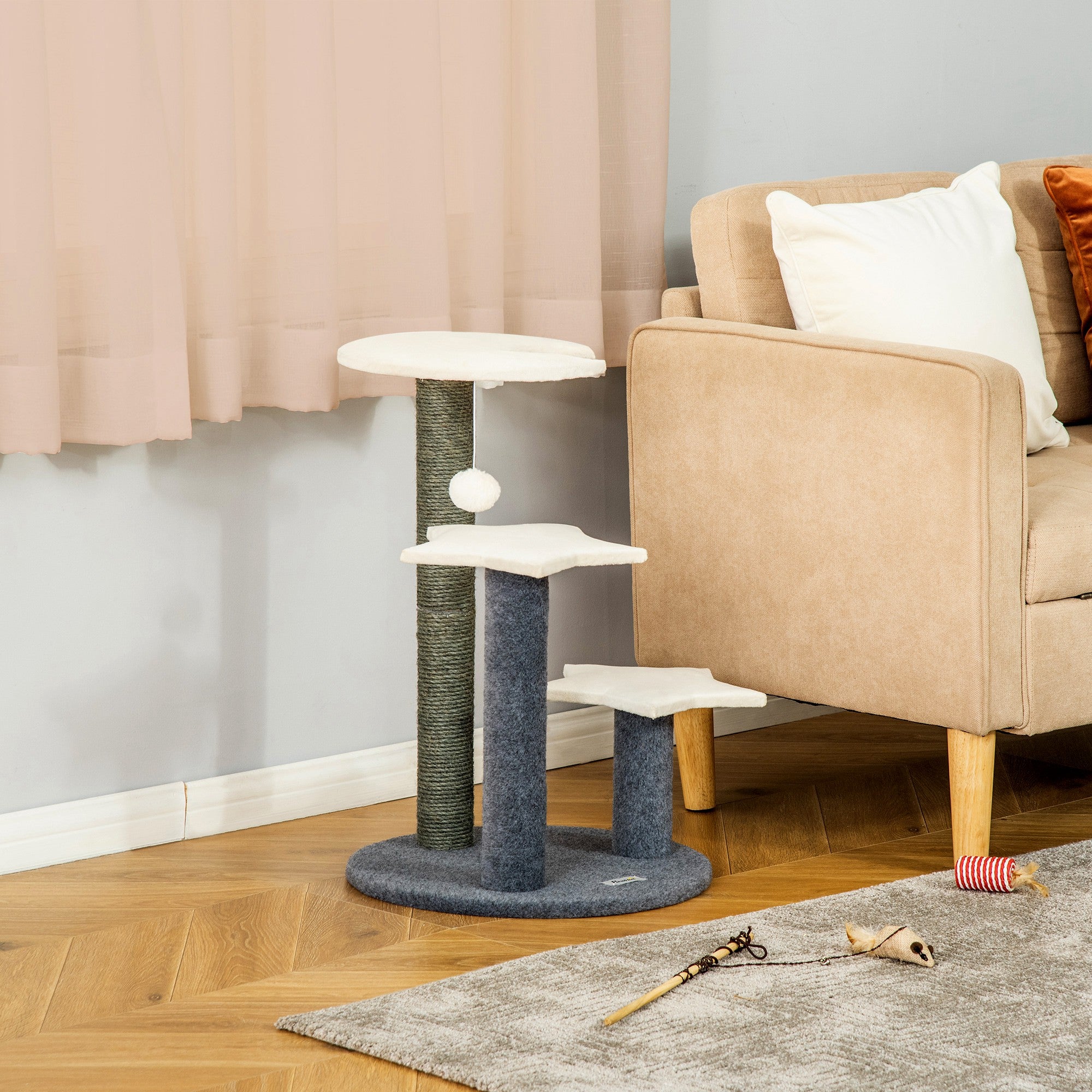 PawHut 30" Cat Tree Kitty Activity Center Climbing Toy Rest Pet Furniture with Sisal Scratching Post Moon Star Shaped Perch Hanging Ball Grey, White