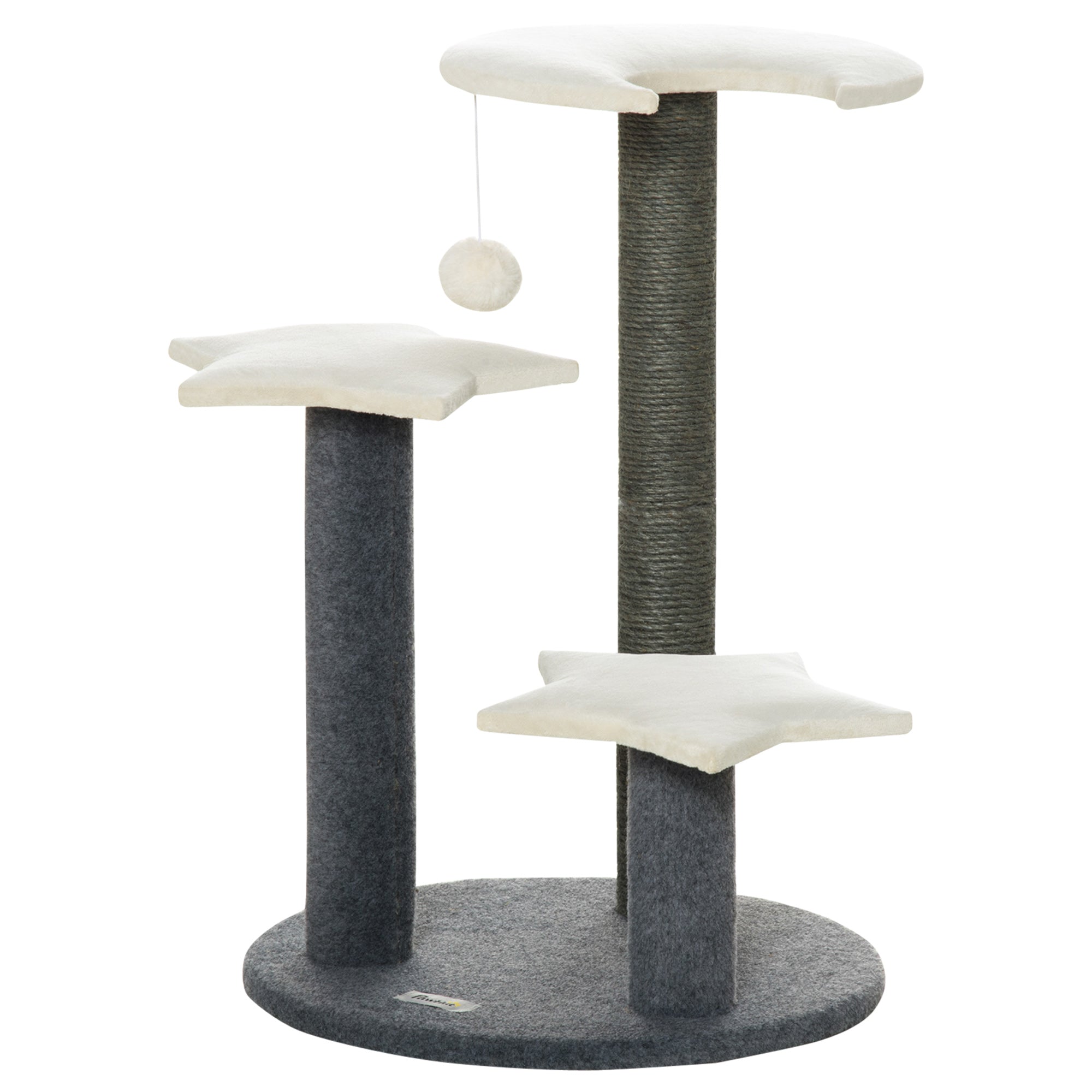 PawHut 30" Cat Tree Kitty Activity Center Climbing Toy Rest Pet Furniture with Sisal Scratching Post Moon Star Shaped Perch Hanging Ball Grey, White