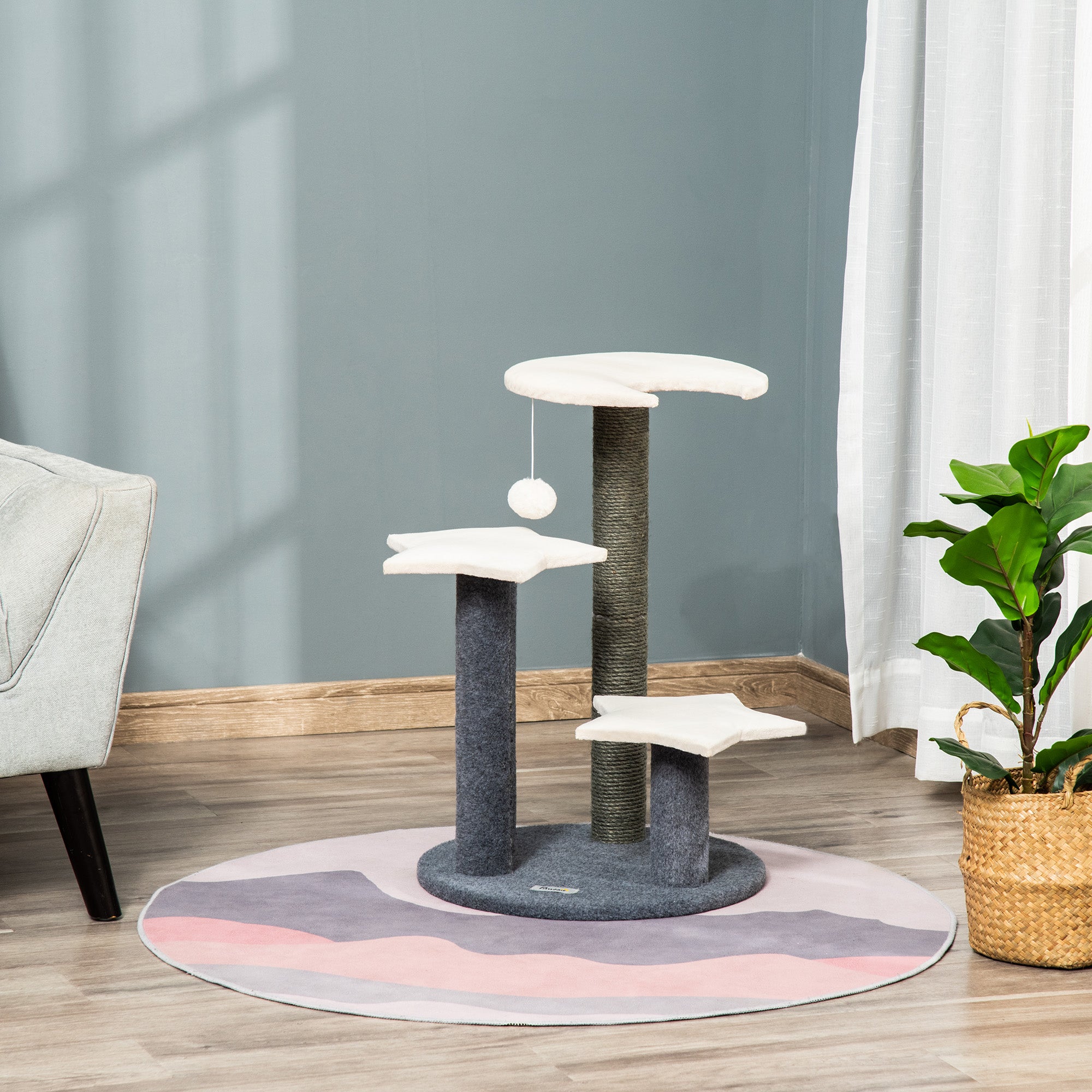 PawHut 30" Cat Tree Kitty Activity Center Climbing Toy Rest Pet Furniture with Sisal Scratching Post Moon Star Shaped Perch Hanging Ball Grey, White