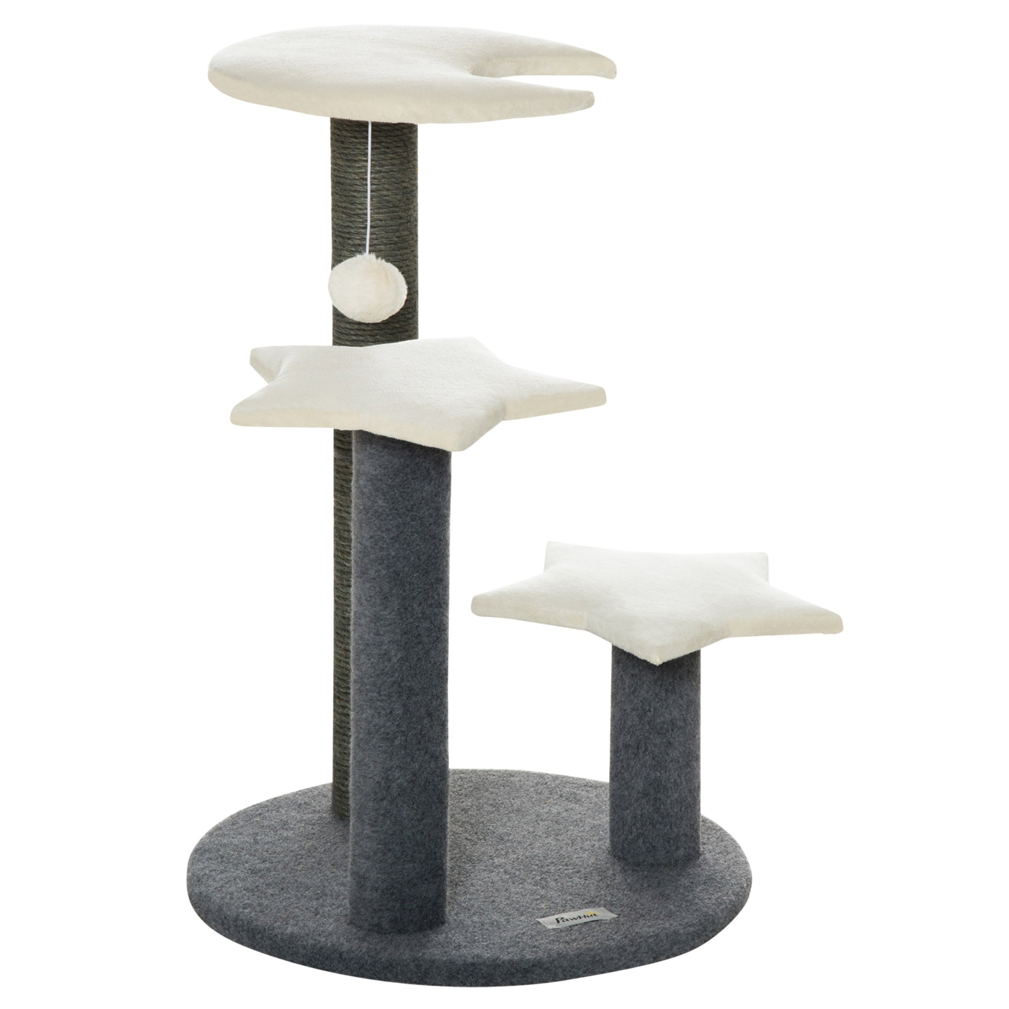 PawHut 30" Cat Tree Kitty Activity Center Climbing Toy Rest Pet Furniture with Sisal Scratching Post Moon Star Shaped Perch Hanging Ball Grey, White