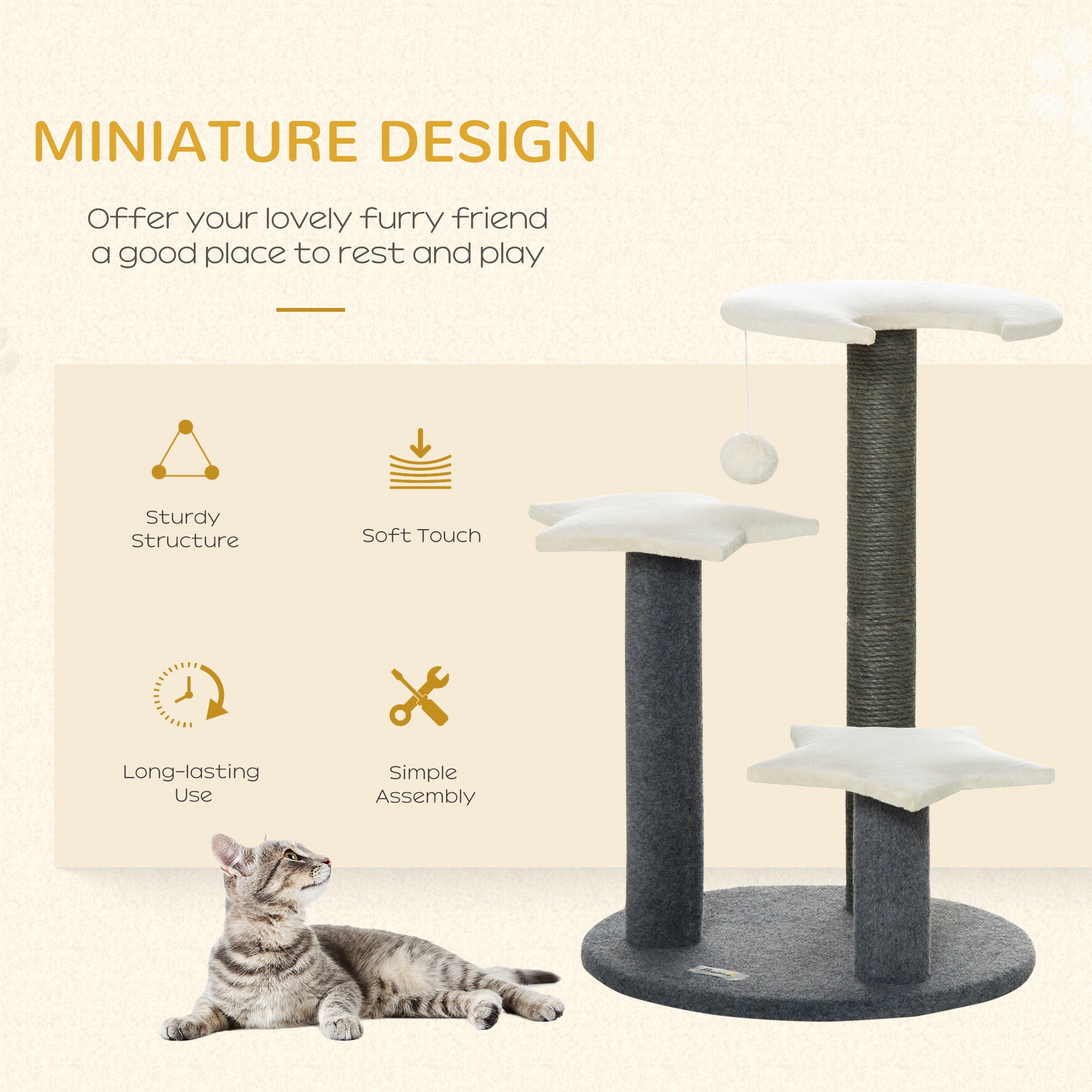 PawHut 30" Cat Tree Kitty Activity Center Climbing Toy Rest Pet Furniture with Sisal Scratching Post Moon Star Shaped Perch Hanging Ball Grey, White
