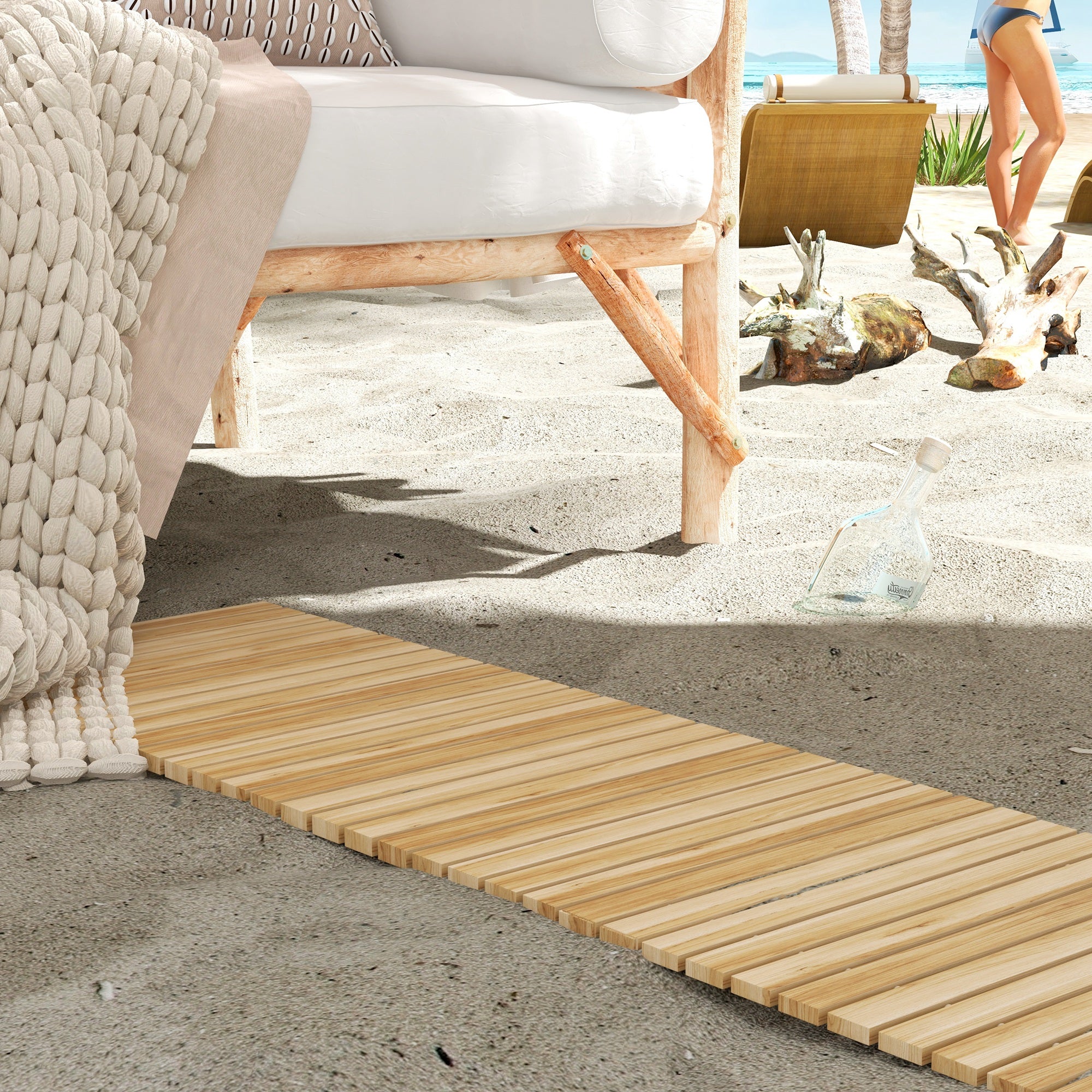 Outsunny 47" Wooden Garden Pathway, Outdoor Weather-Resistant Roll Out Straight Walkway, Decorative Boardwalk for Beach, Wedding, Party, Natural Wood Finish