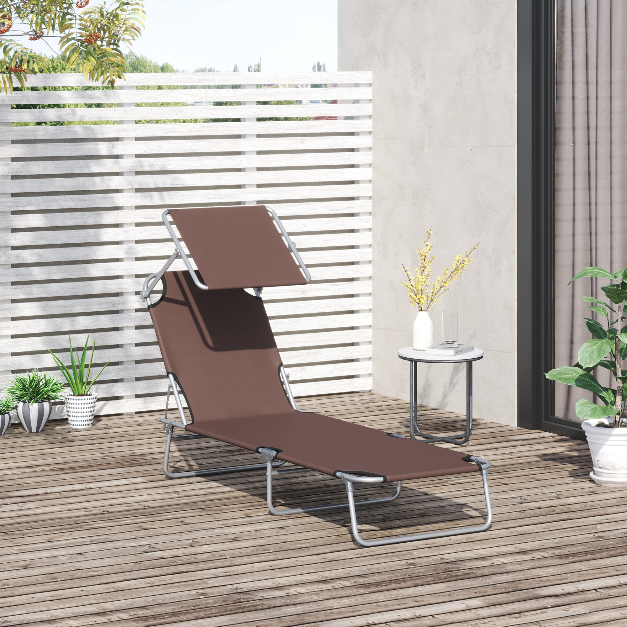 Outsunny Outdoor Lounge Chair, Adjustable Folding Chaise Lounge, Tanning Chair with Sun Shade for Beach, Camping, Hiking, Backyard, Brown