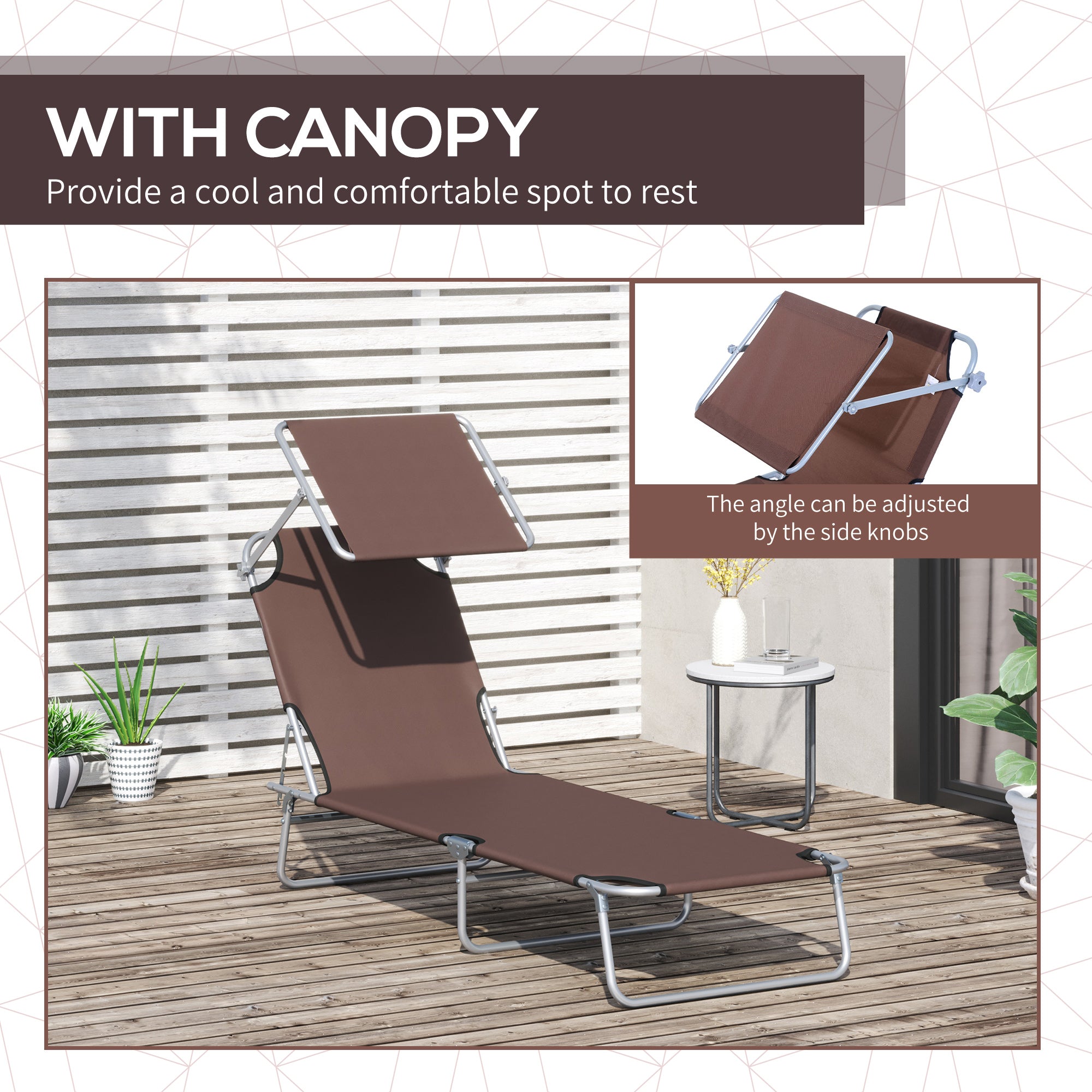 Outsunny Outdoor Lounge Chair, Adjustable Folding Chaise Lounge, Tanning Chair with Sun Shade for Beach, Camping, Hiking, Backyard, Brown