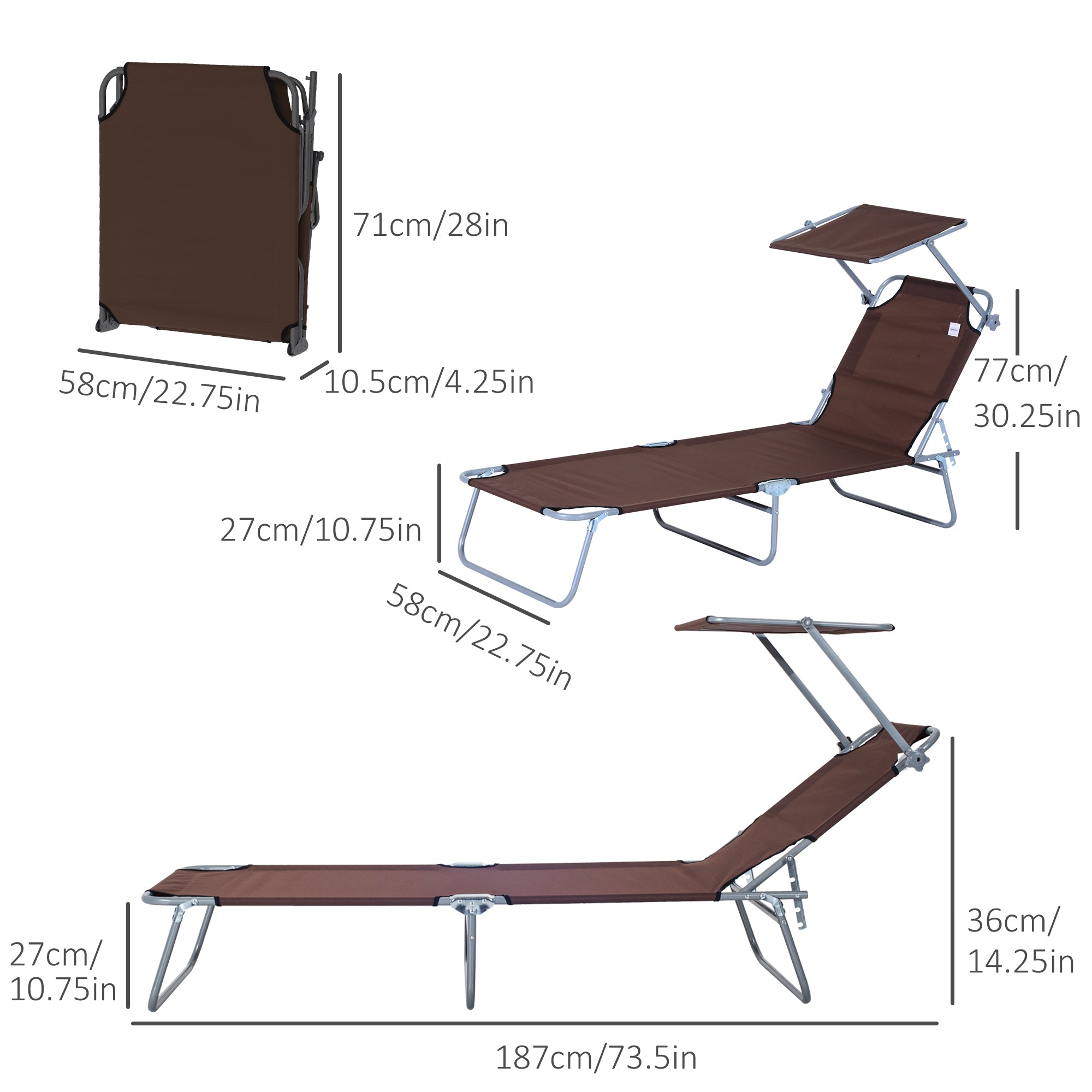 Outsunny Outdoor Lounge Chair, Adjustable Folding Chaise Lounge, Tanning Chair with Sun Shade for Beach, Camping, Hiking, Backyard, Brown