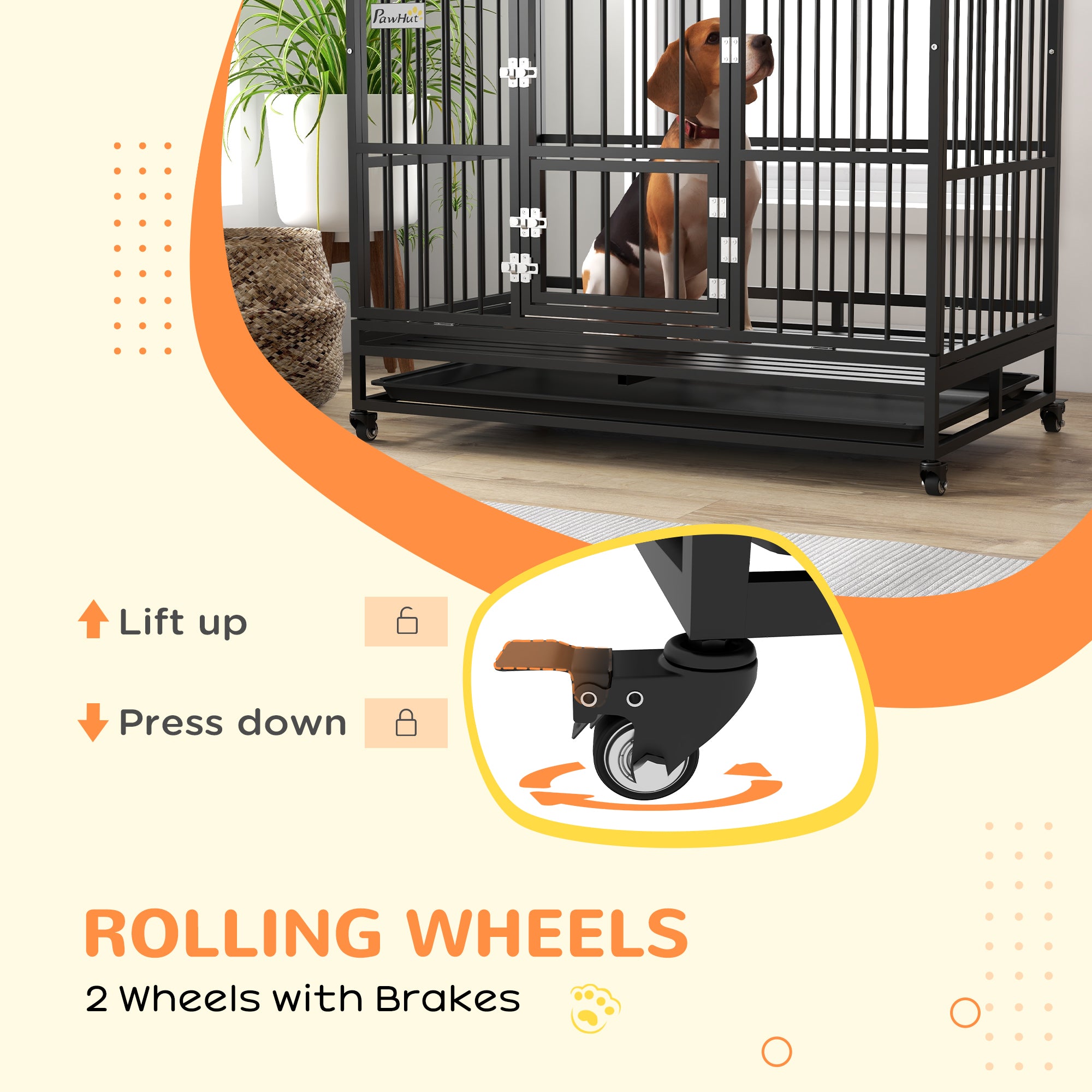 PawHut 48" Heavy Duty Dog Crate, Indoor Outdoor Dog Cage on Wheels with Locks, Removable Tray, Openable Top, 2 Doors, for Large and Extra Large Dog - Black