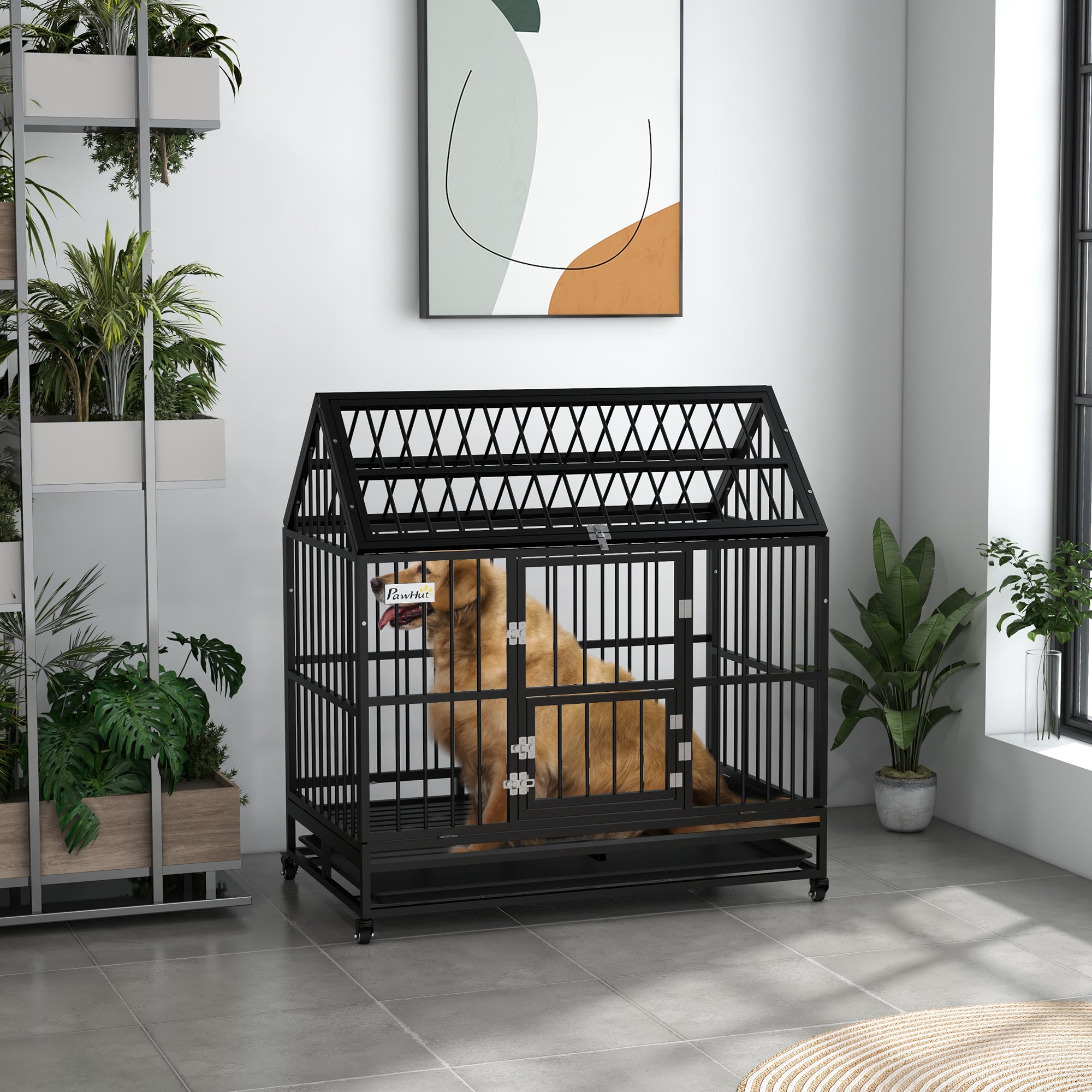 PawHut 48" Heavy Duty Dog Crate, Indoor Outdoor Dog Cage on Wheels with Locks, Removable Tray, Openable Top, 2 Doors, for Large and Extra Large Dog - Black