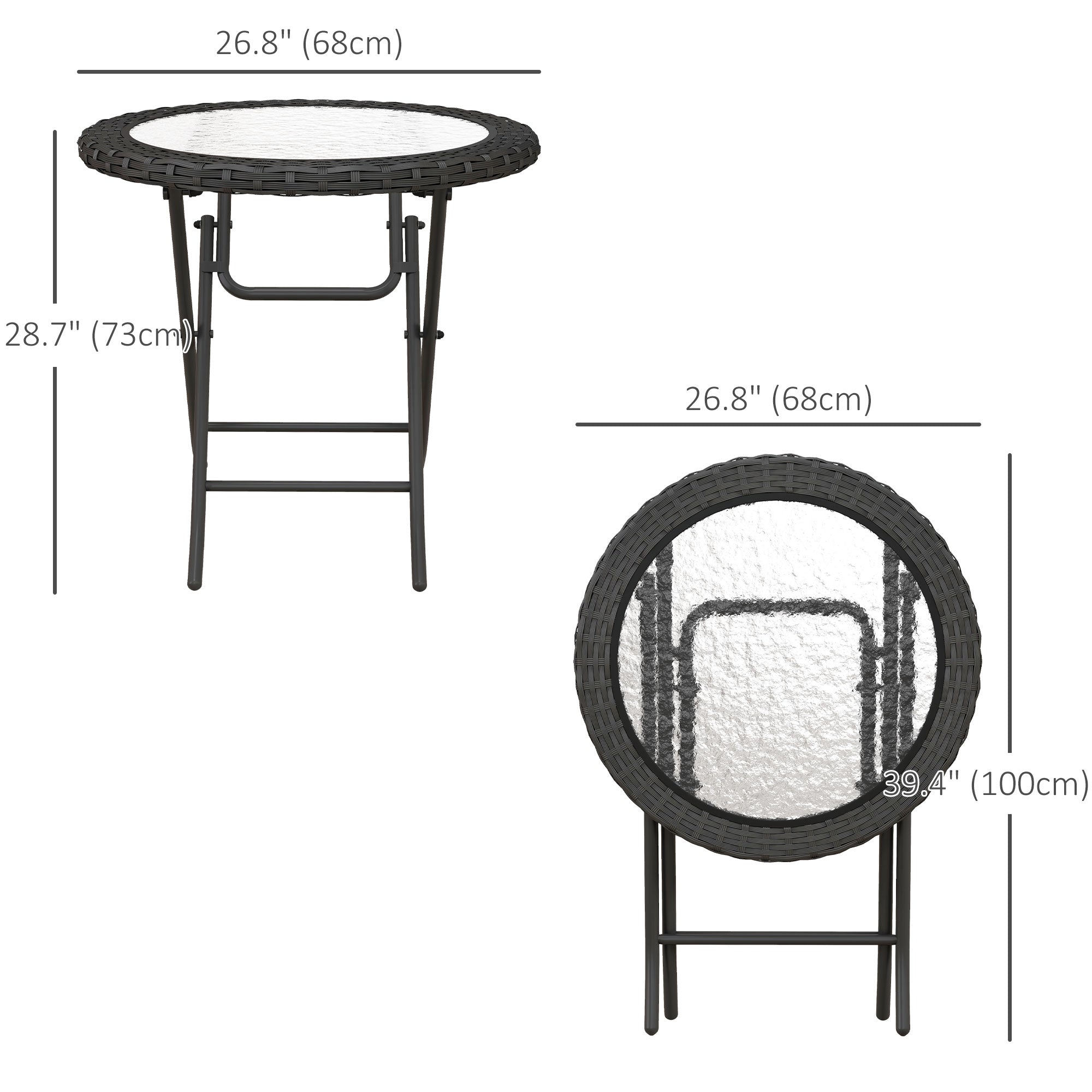 Outsunny 26.8" Dia. (68 Dia. cm) Folding Round Tempered Glass Metal Table with Brown Rattan Edging, Black