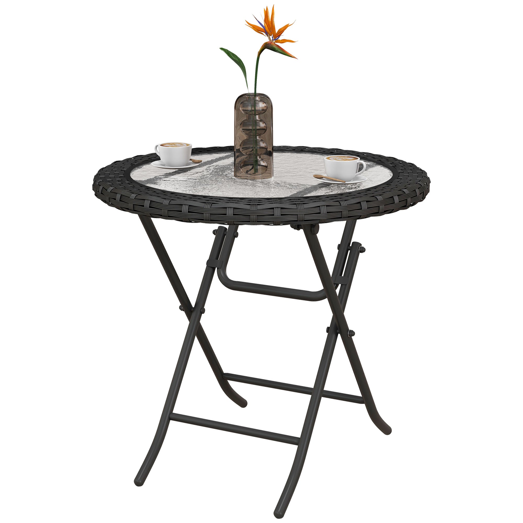 Outsunny 26.8" Dia. (68 Dia. cm) Folding Round Tempered Glass Metal Table with Brown Rattan Edging, Black