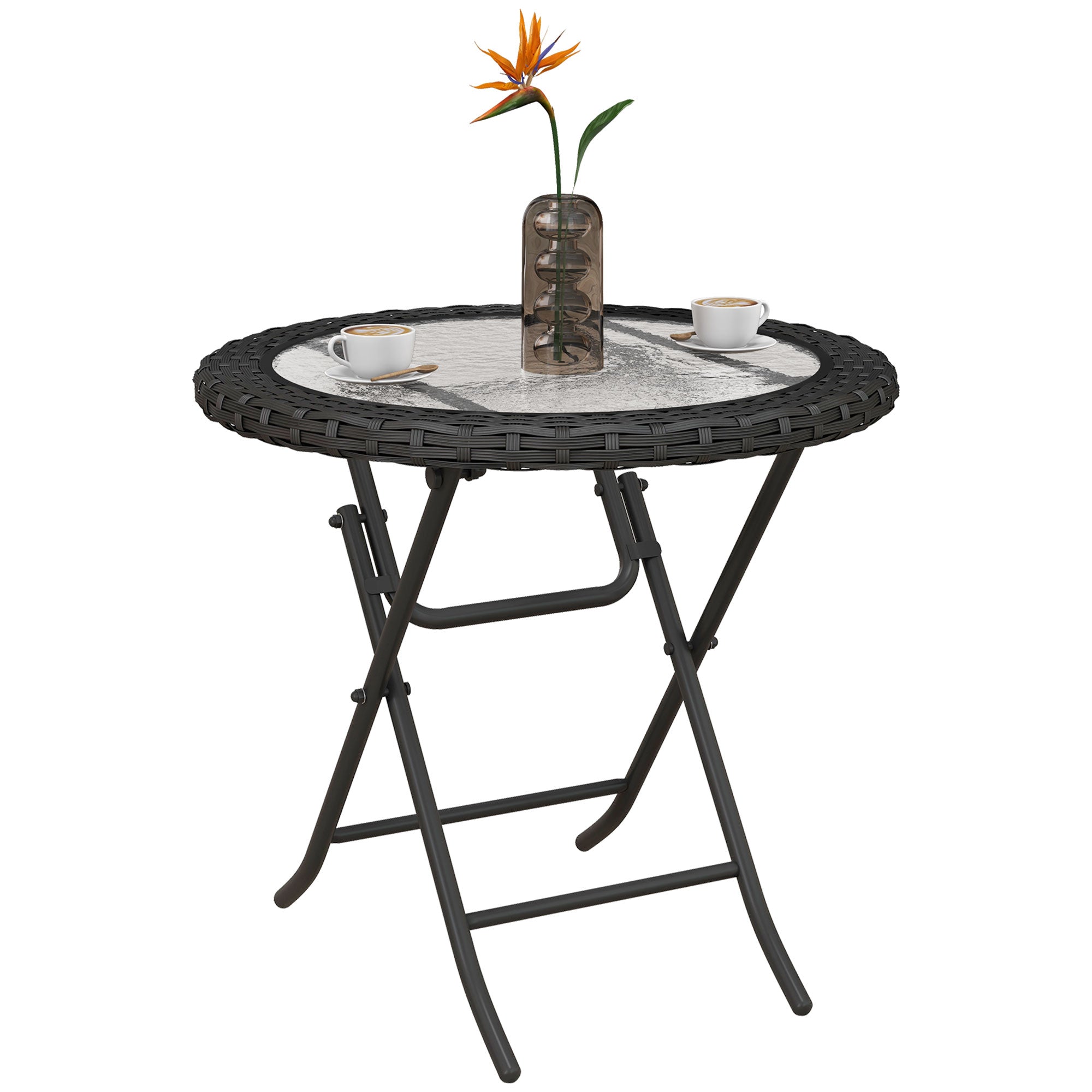 Outsunny 26.8" Dia. (68 Dia. cm) Folding Round Tempered Glass Metal Table with Brown Rattan Edging, Black