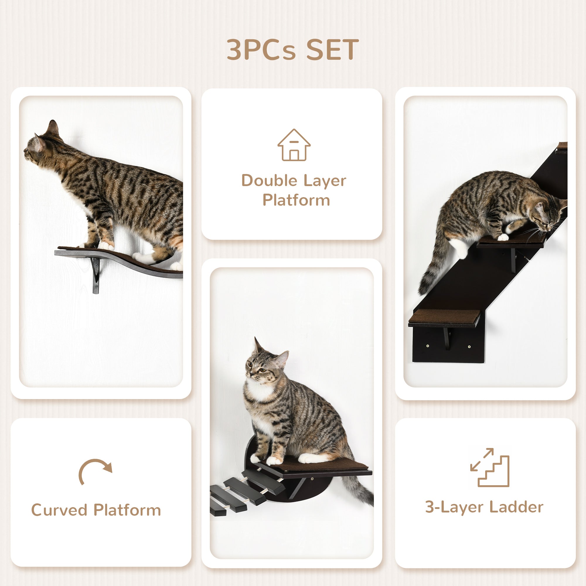 PawHut 3 PCs Wall Mounted Cat Tree Cat Shelves Climbing Shelf Set, Kitten Activity Centre w/ Jumping Platforms, Ladders - Brown