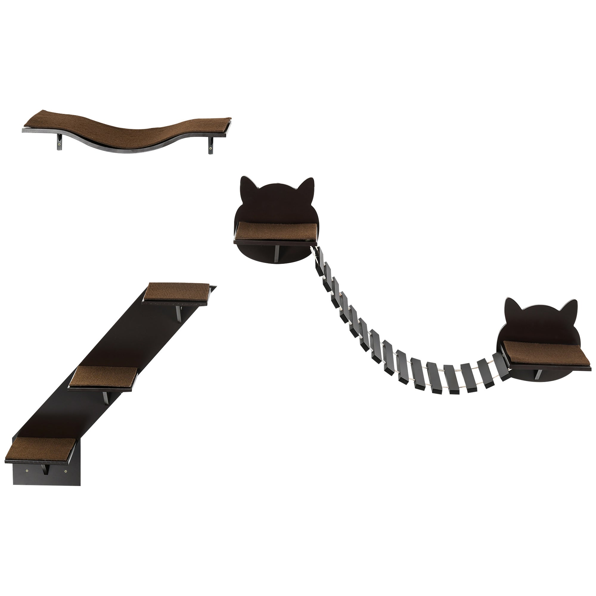 PawHut 3 PCs Wall Mounted Cat Tree Cat Shelves Climbing Shelf Set, Kitten Activity Centre w/ Jumping Platforms, Ladders - Brown