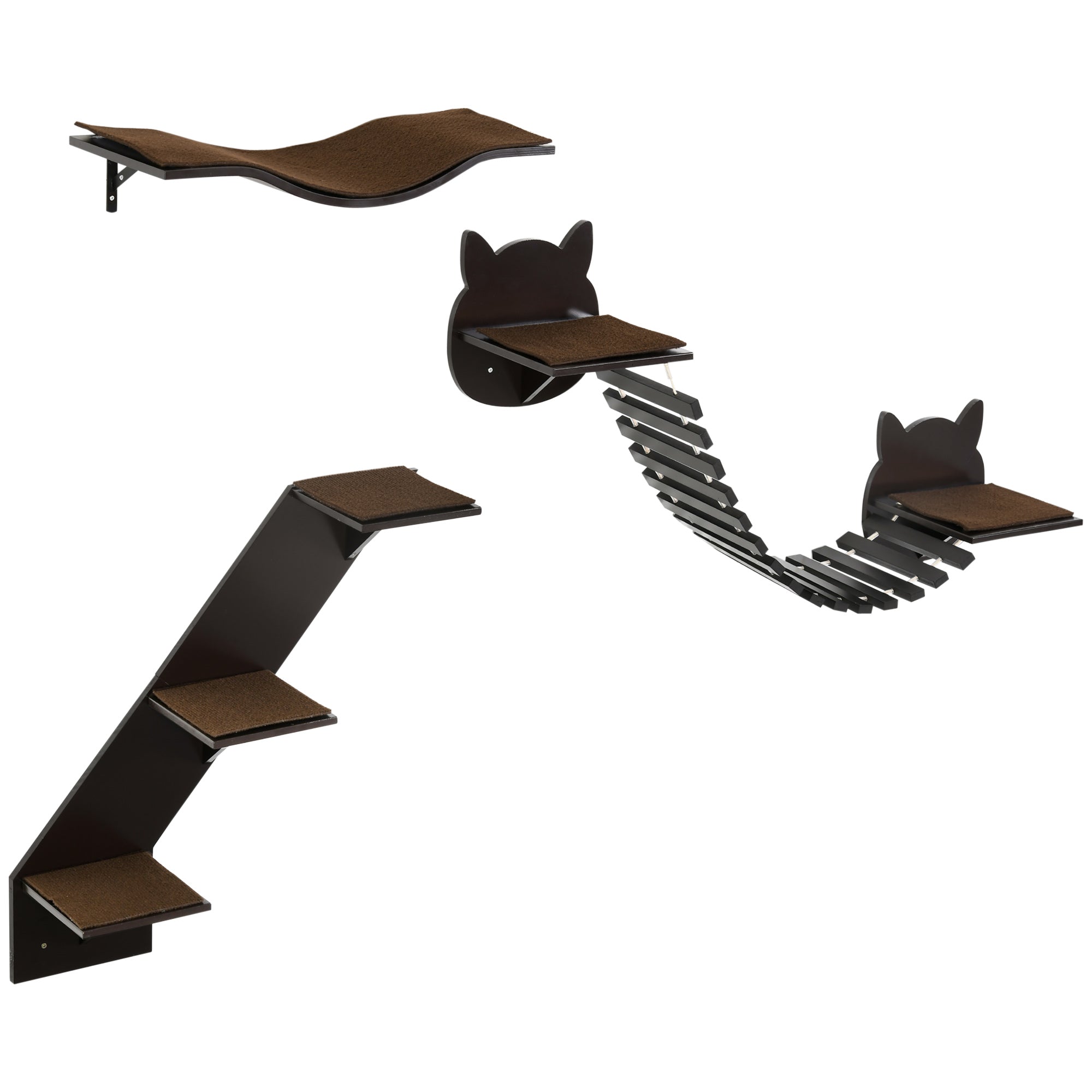 PawHut 3 PCs Wall Mounted Cat Tree Cat Shelves Climbing Shelf Set, Kitten Activity Centre w/ Jumping Platforms, Ladders - Brown