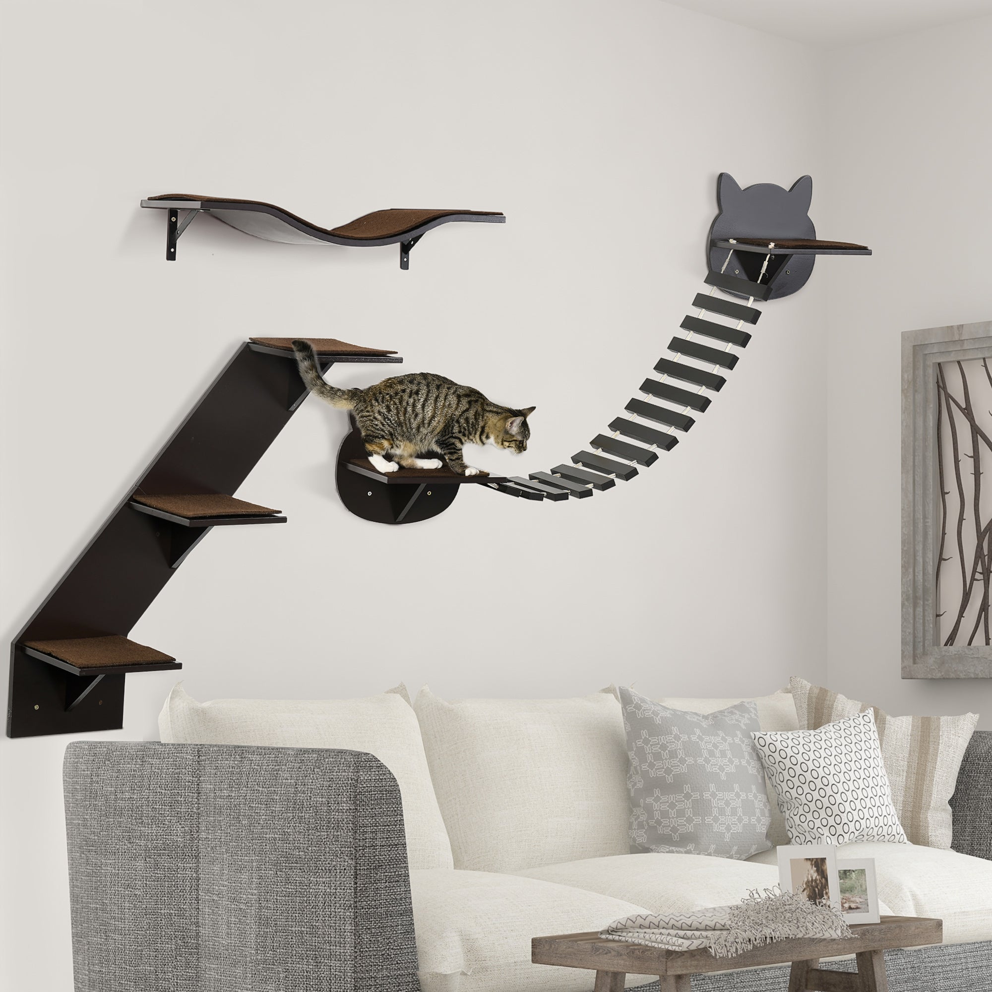 PawHut 3 PCs Wall Mounted Cat Tree Cat Shelves Climbing Shelf Set, Kitten Activity Centre w/ Jumping Platforms, Ladders - Brown