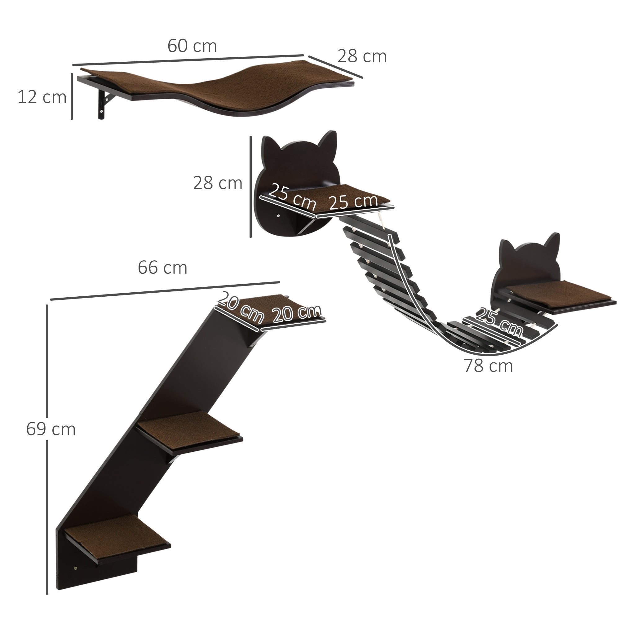 PawHut 3 PCs Wall Mounted Cat Tree Cat Shelves Climbing Shelf Set, Kitten Activity Centre w/ Jumping Platforms, Ladders - Brown