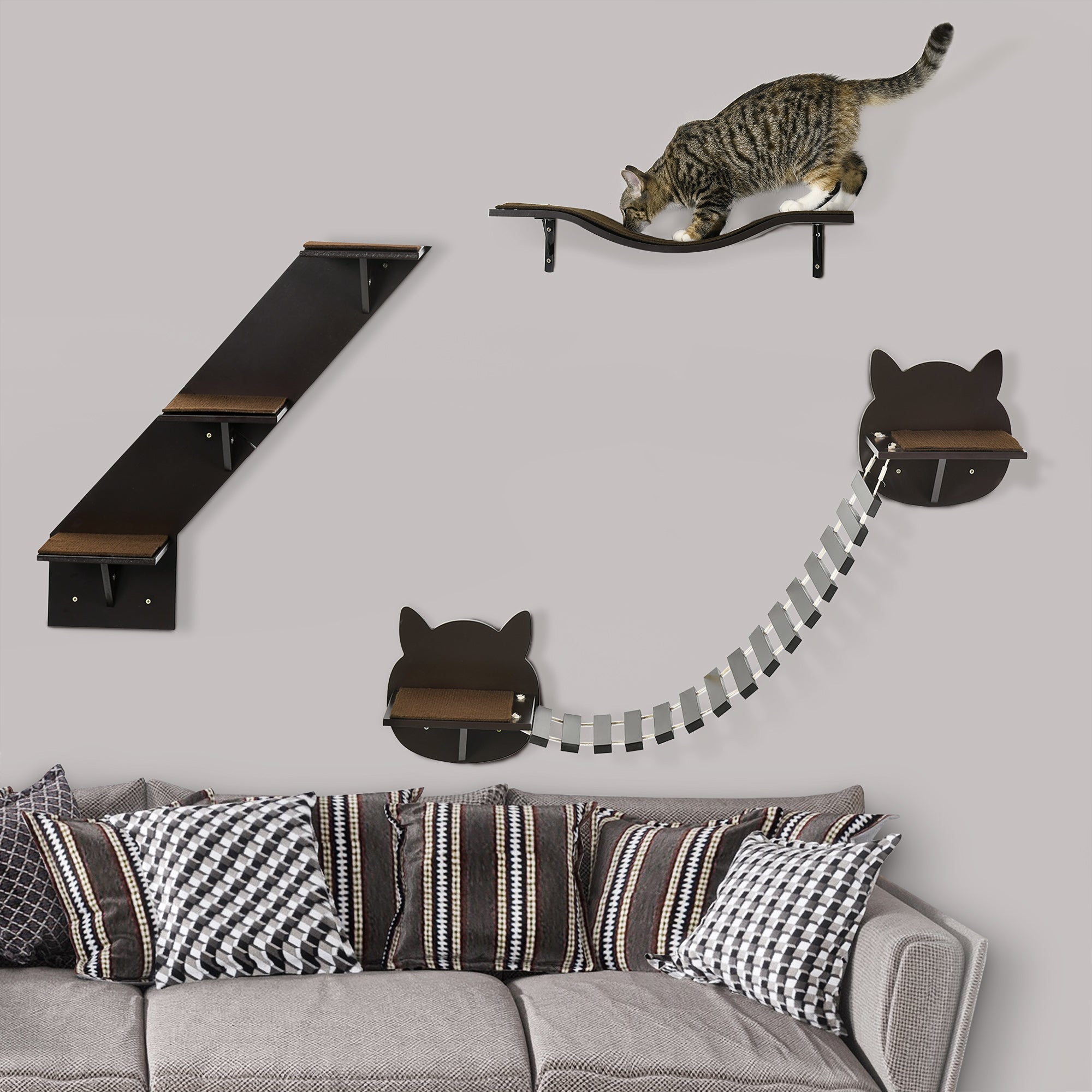 PawHut 3 PCs Wall Mounted Cat Tree Cat Shelves Climbing Shelf Set, Kitten Activity Centre w/ Jumping Platforms, Ladders - Brown