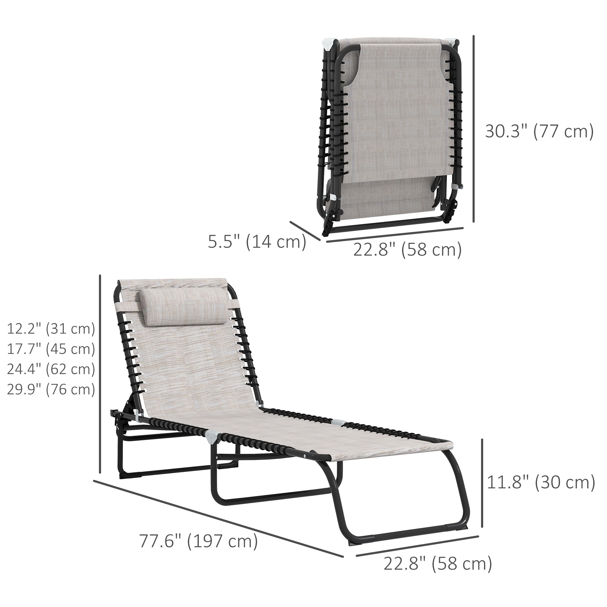 Outsunny 2 Pieces Folding Lounge Chairs, 4-Level Adjustable Chaise Lounges with Headrest, Tanning Chair Beach Beds, Reclining Lounger Cot for Camping, Hiking, Backyard, Cream White