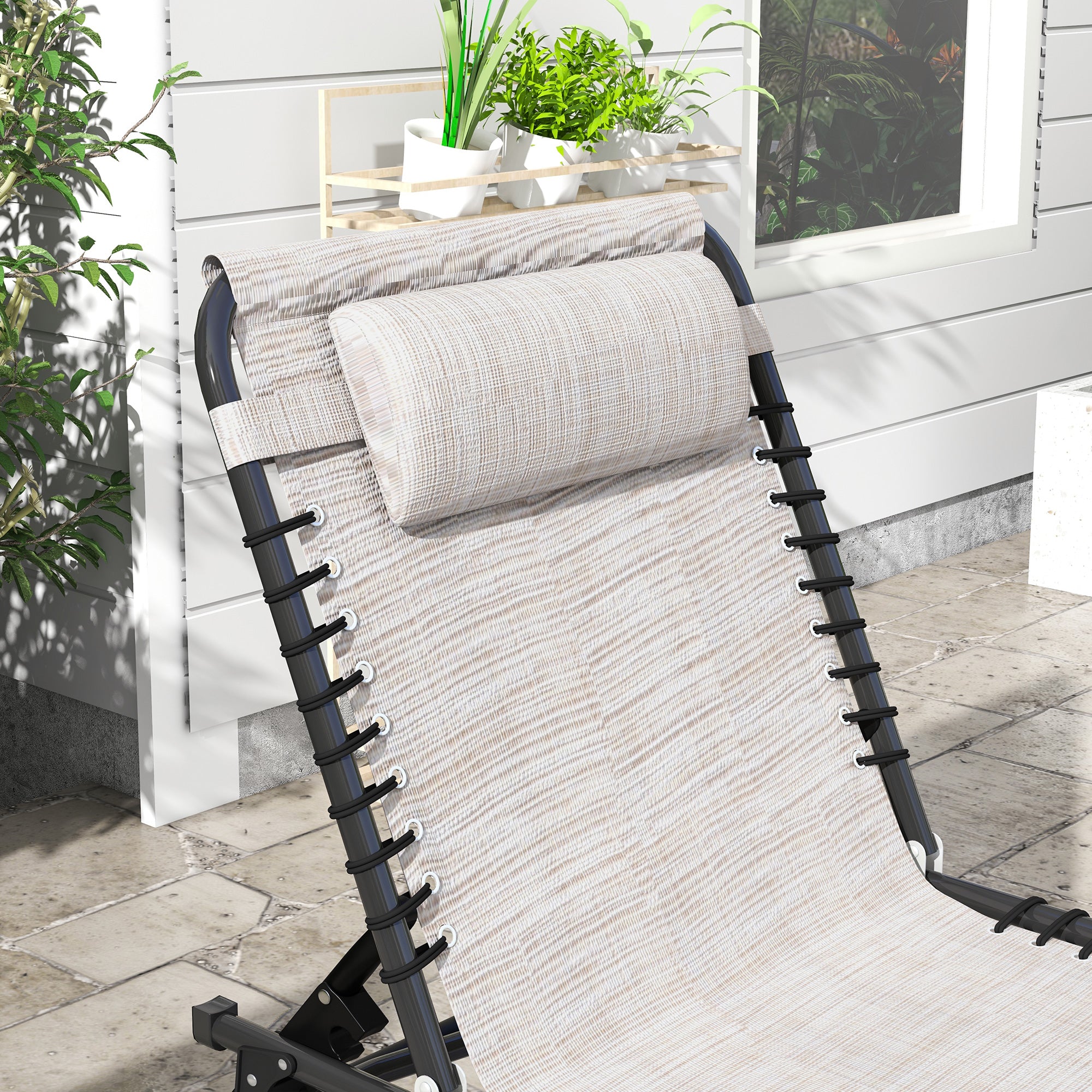 Outsunny 2 Pieces Folding Lounge Chairs, 4-Level Adjustable Chaise Lounges with Headrest, Tanning Chair Beach Beds, Reclining Lounger Cot for Camping, Hiking, Backyard, Cream White